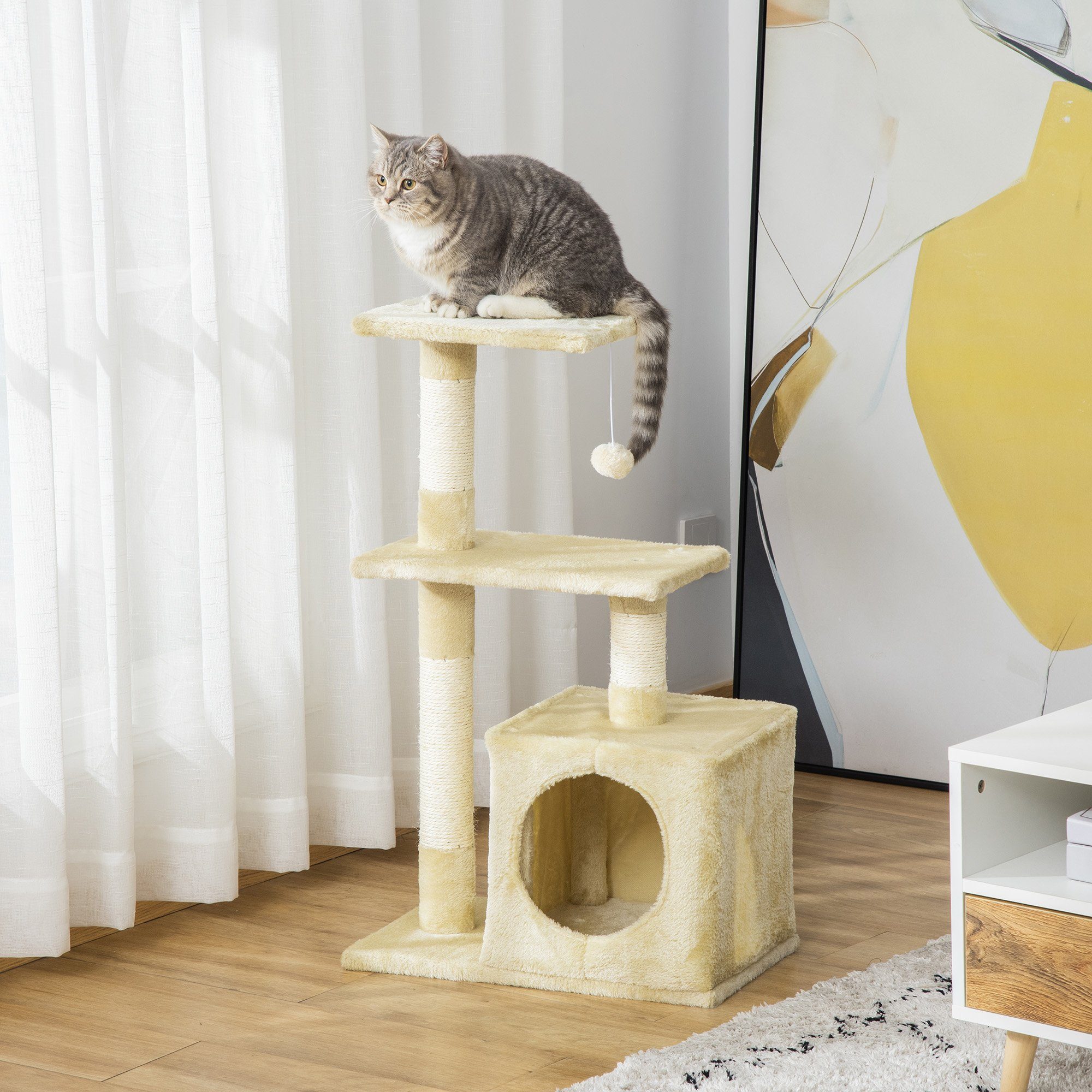PawHut Kratzbaum Katzenbaum Katzenmöbel mit weichem Plüsch E1-Klasse Spanplatte Beige, 50B x 30T x 81.5H cm