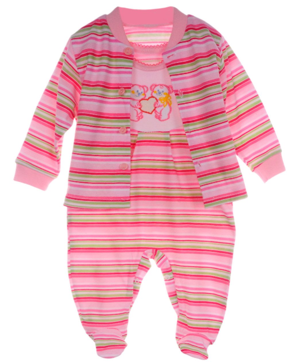 La Bortini Strampler Baby Stramplerhose und Langarmshirt rosa grün Bär