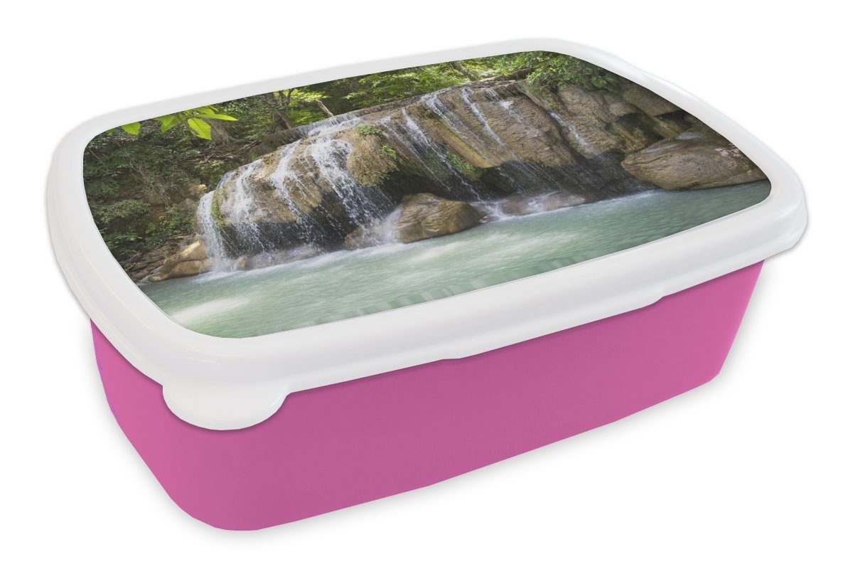 MuchoWow Lunchbox Wasserfall über Felsen im Erawan-Nationalpark in Thailand, Kunststoff, (2-tlg), Brotbox für Erwachsene, Brotdose Kinder, Snackbox, Mädchen, Kunststoff rosa