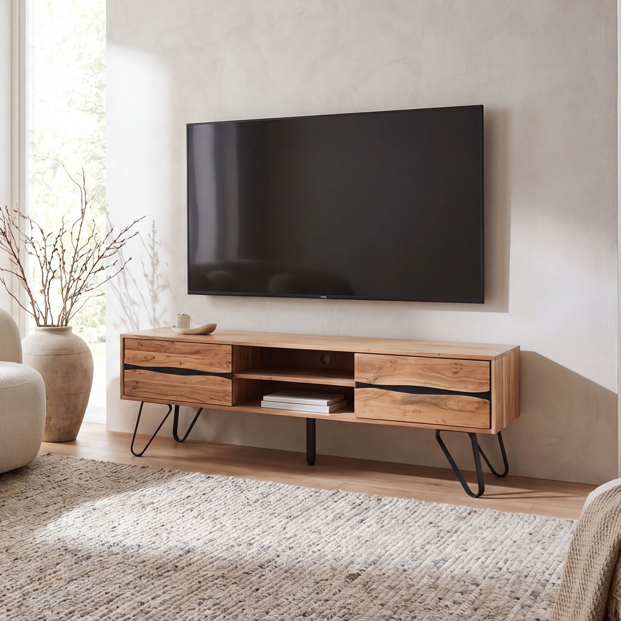 Wohnling Lowboard WL7.784 TV Board Fernsehschrank Fernsehkommode Massivholz 160cm Holz (Stilvolles Mediamöbel aus echtem Akazienholz), Viel Stauraum dank zwei Ablage- & Türfächer
