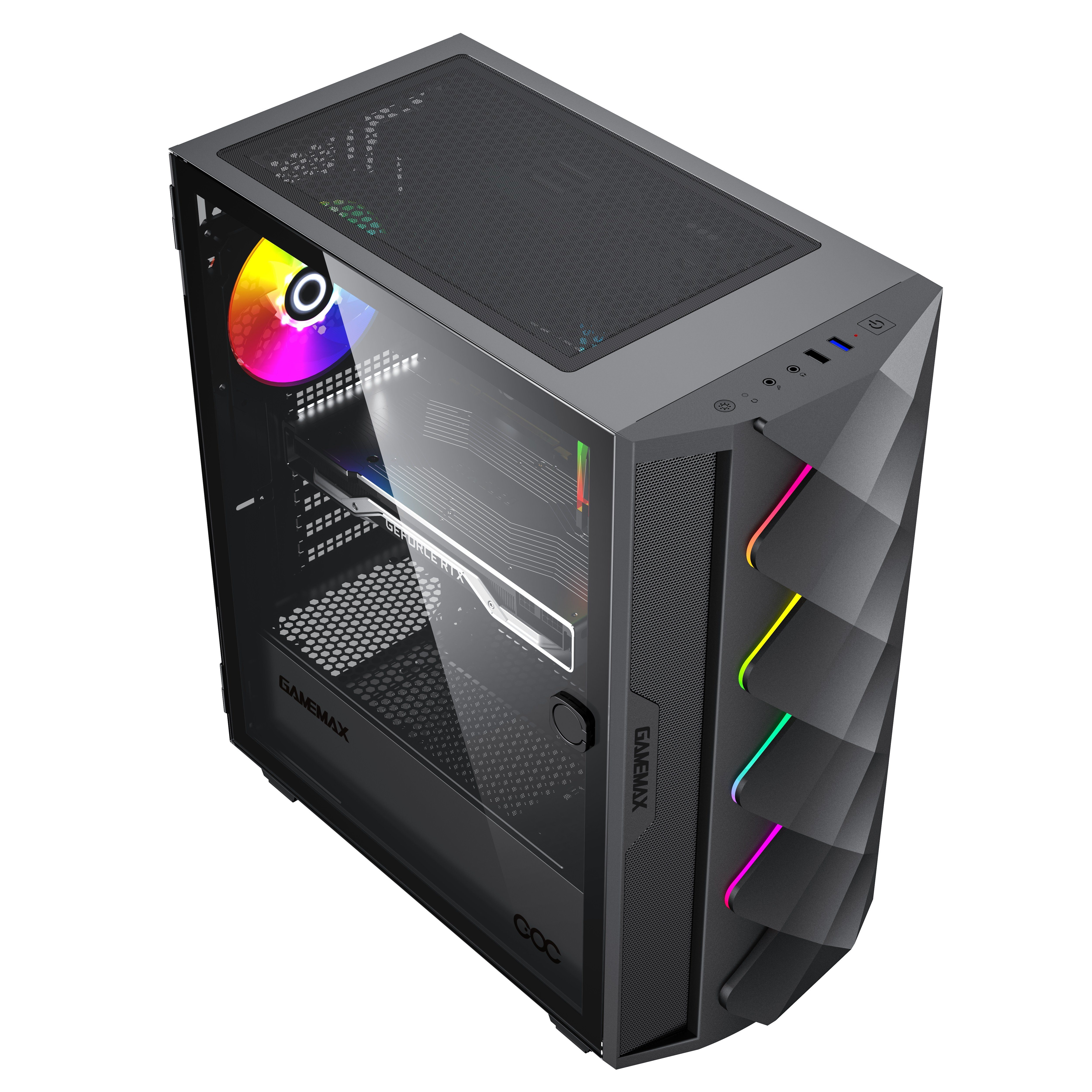GAMEMAX Gaming-Gehäuse Diamond COC BK Midi-Tower USB3.0*1+1xUSB2.0, (gehärtetes Glas), HD-Audio, ATX inkl. 14cm Turbo COC Lüfter, schwarz