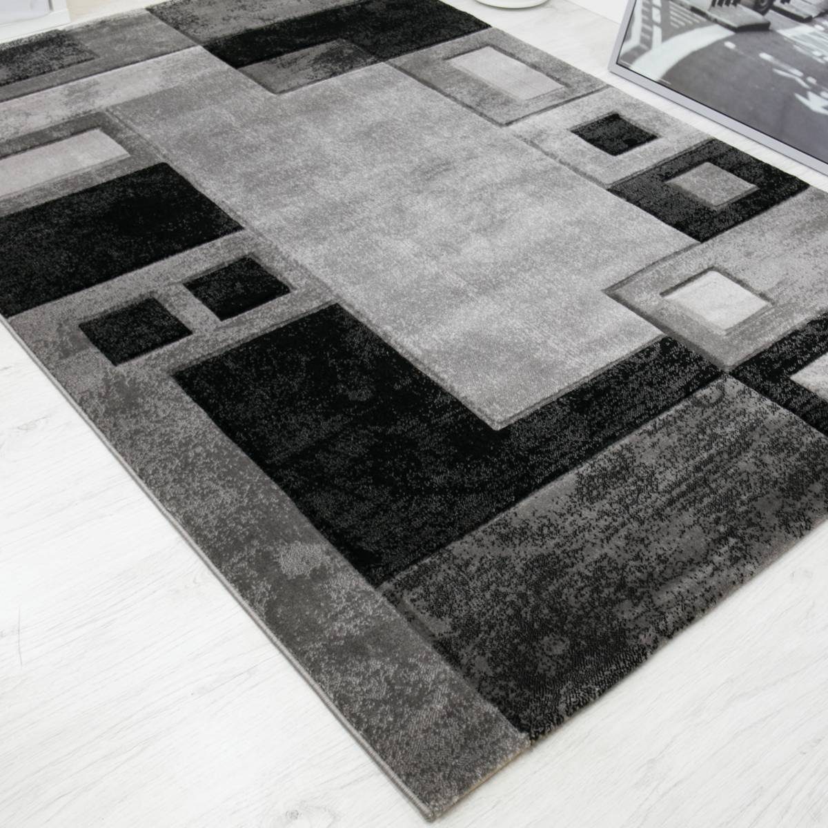 Vimoda Designteppich Wohnzimmer Kariert mit Farbverlauf und Konturenschnitt Grau & Braun, Rechteckig, Höhe: 12 mm, Hochwertiger, karierter Wohnzimmerteppich mit definiertem Schnitt
