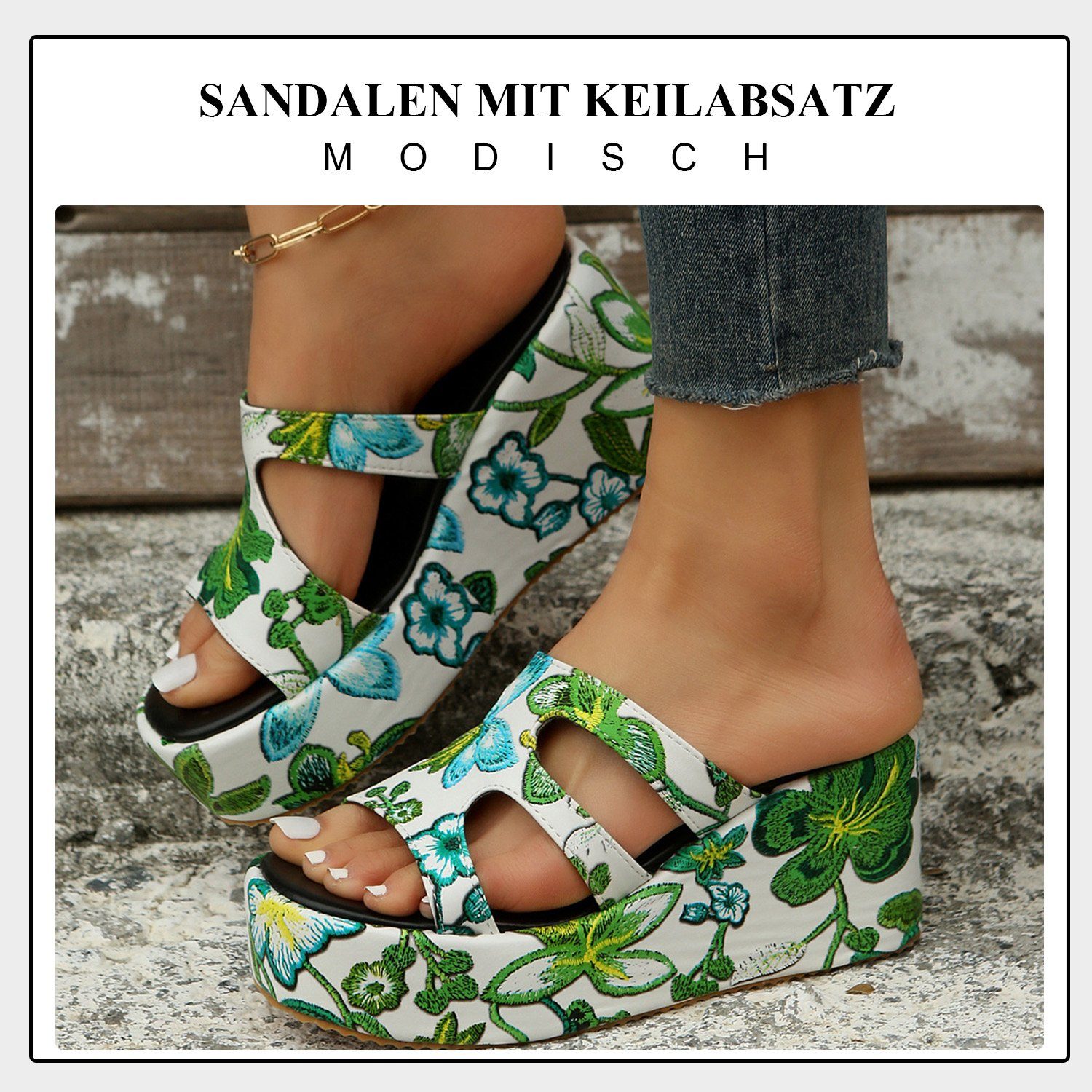 Sandale und Weiß Grün Sandalen Daisred Dame Keilsandalett Outdoorsandale Plateau Pantolette