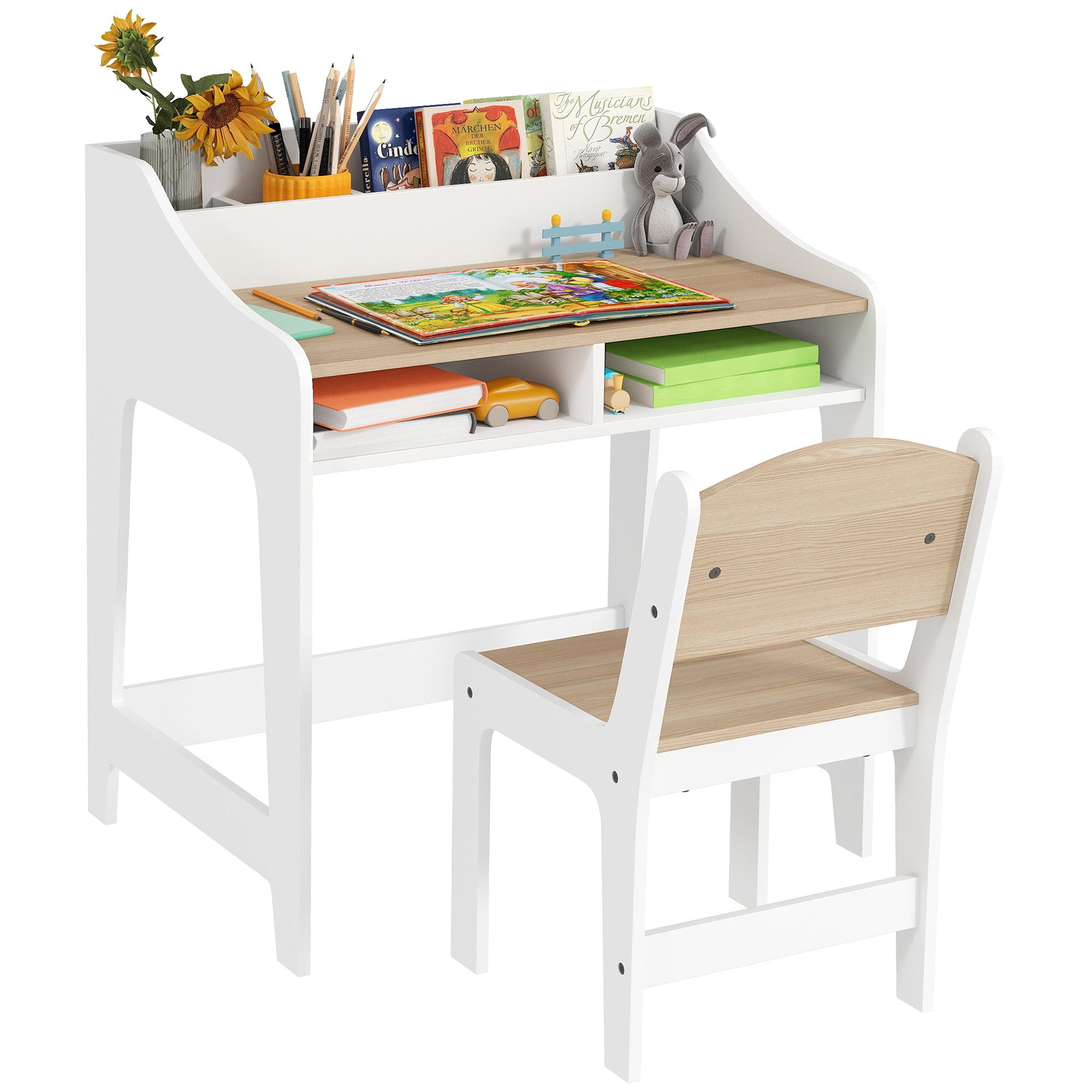 AIYAPLAY Kindertisch Kinderschreibtisch mit Tisch-Set, mit 5 Fächern, Natur (Schülerschreibtisch, 2-St., Kinder Schreibtisch und Stuhl), für Kinderzimmer, Naturholz