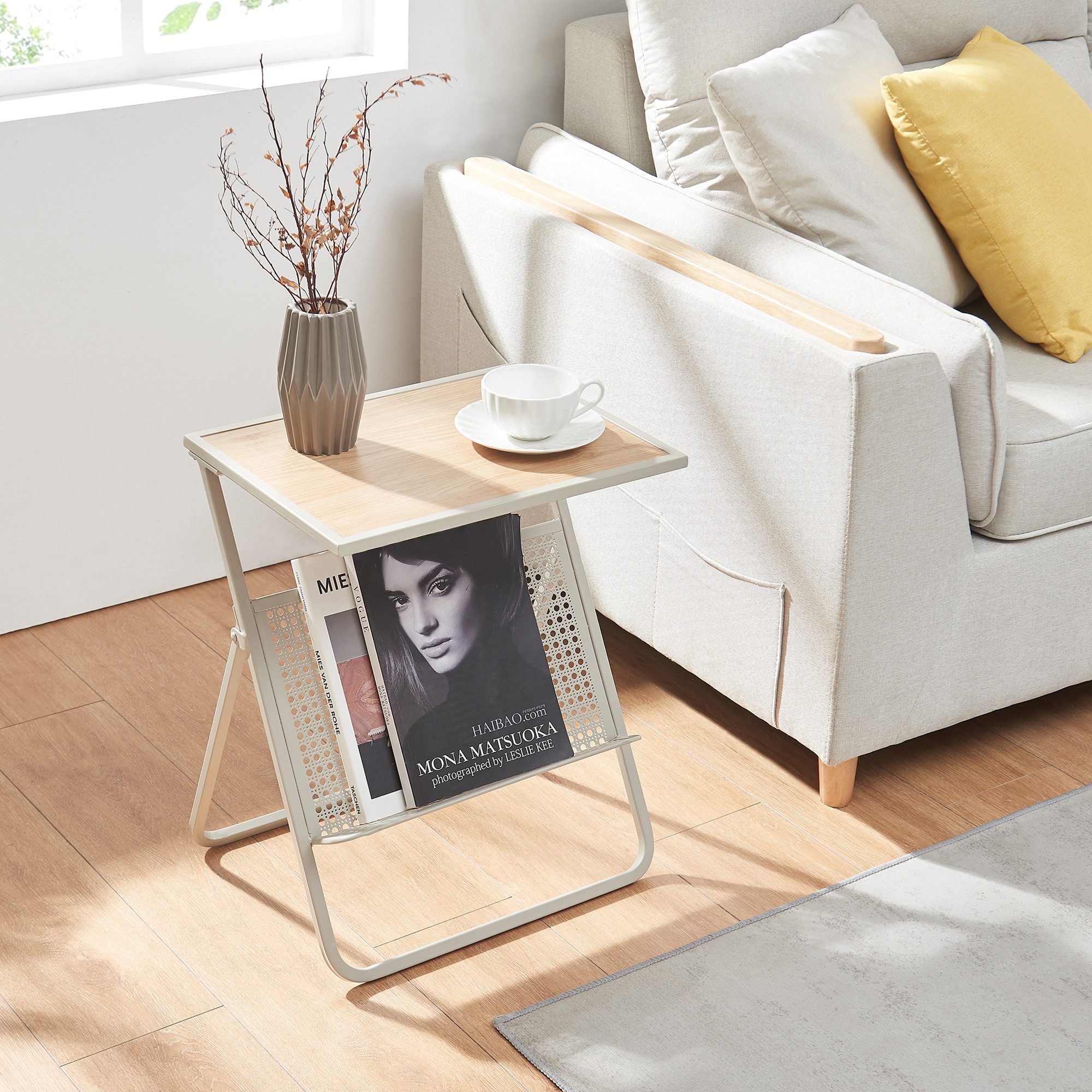 en.casa Beistelltisch, »Jäller« Metall 48 x 40 x 30 cm Beige / Eicheoptik