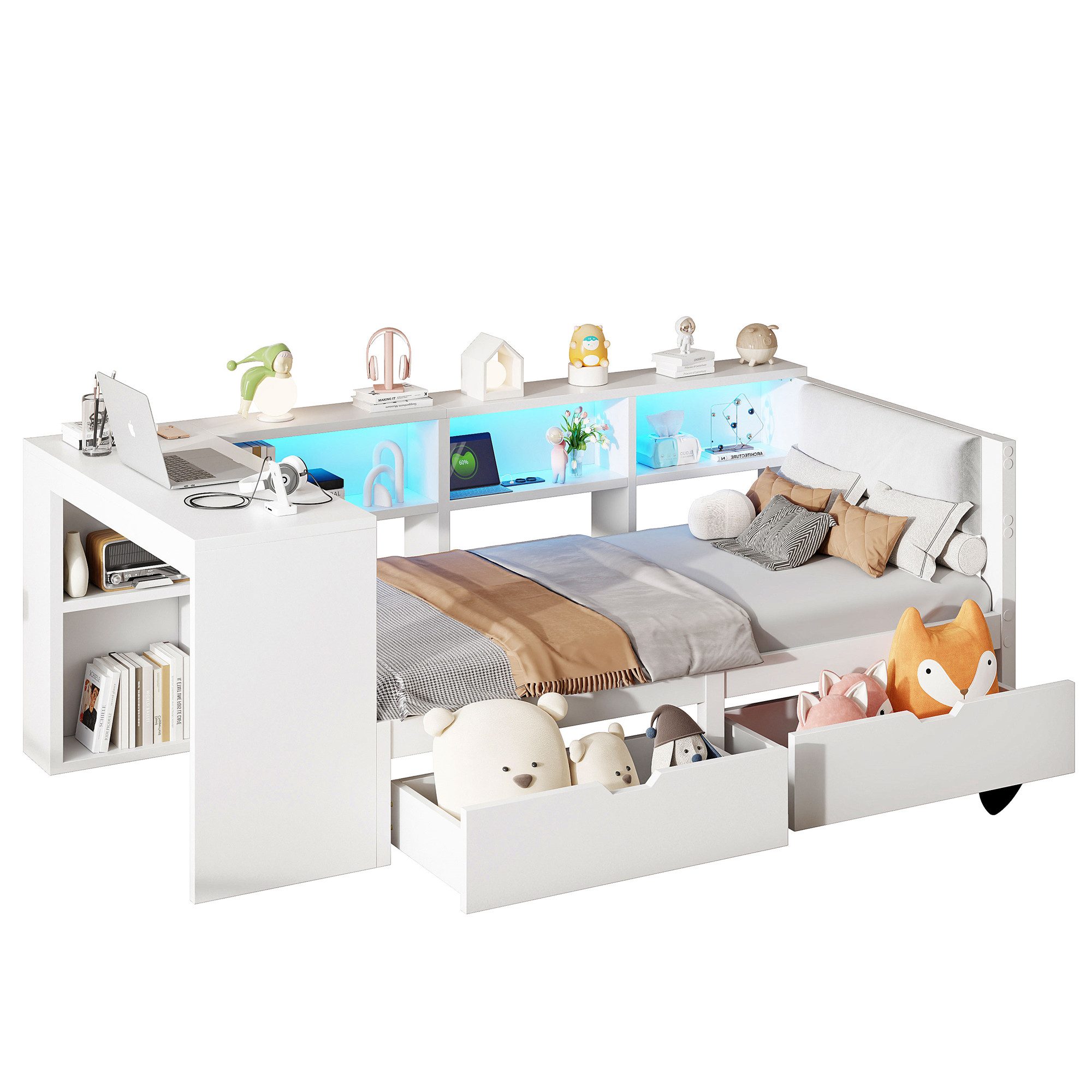 SOFTWEARY Stauraumbett mit Schreibtisch und LED-Beleuchtung (90x200 cm, Lattenrost, Regal, Schubladen, USB und Steckdosen), Einzelbett, Holzbett