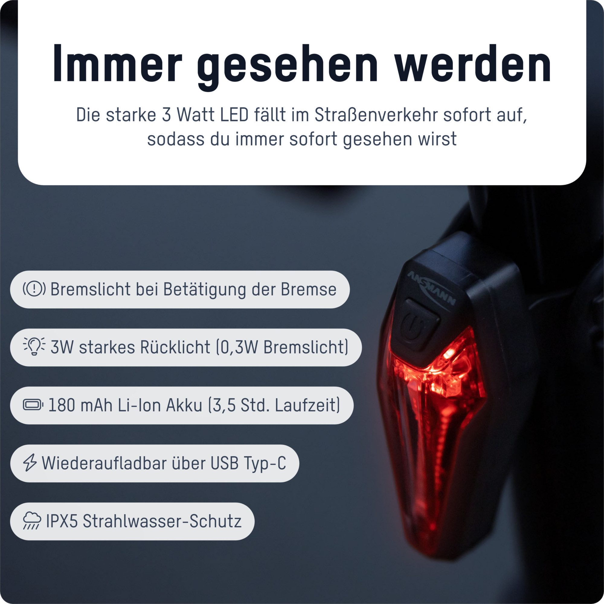 ANSMANN AG Fahrradbeleuchtung Fahrrad-Rücklicht StVZO zugelassen, mit Bremslicht