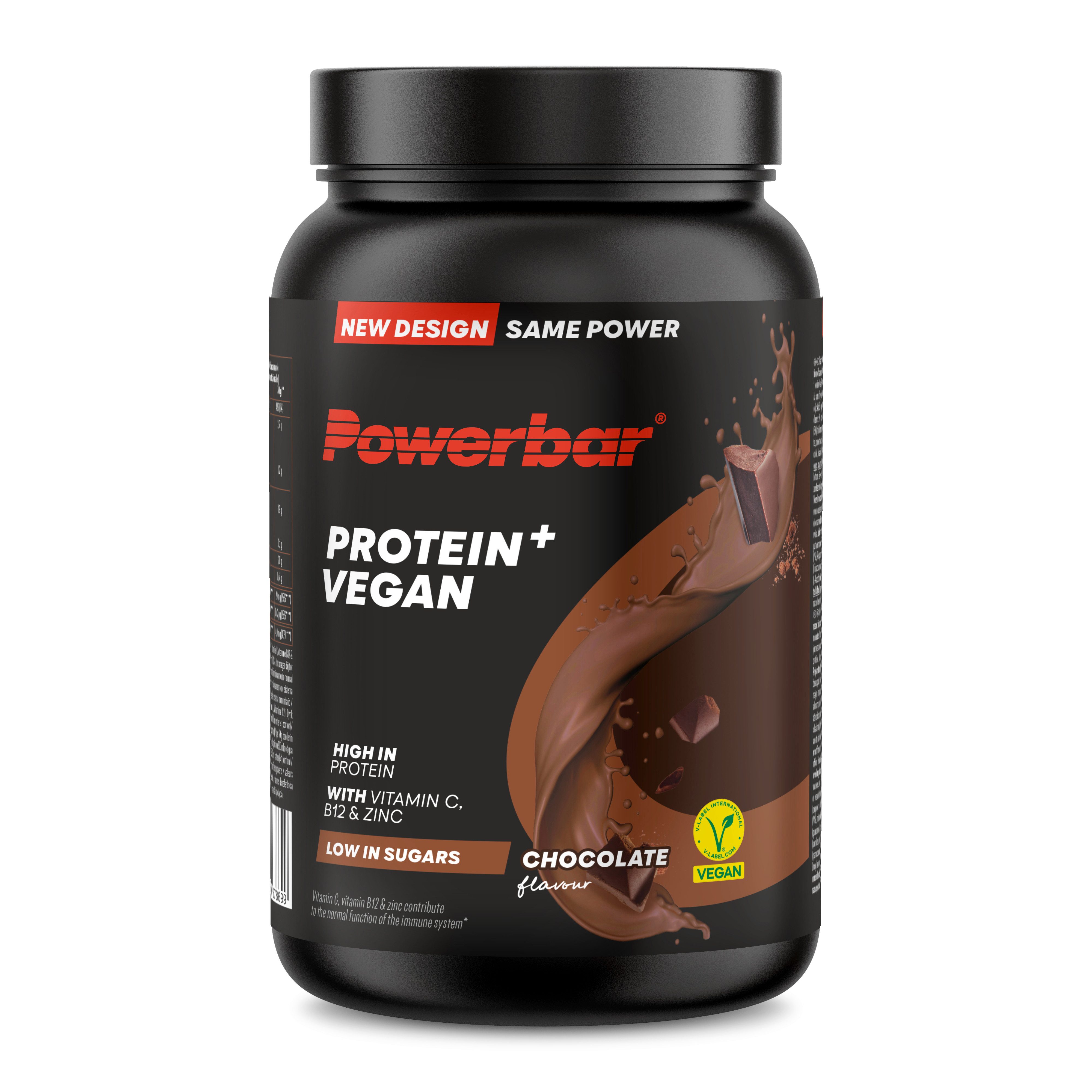 PowerBar Protein+ Vegan Immune Support Chocolate 570 g Protein Pulver zuckerarm Pulver, 1 er Dose à 1 St., 570 g, Vegan - Vitamin C, Vitamin B12 und Zink