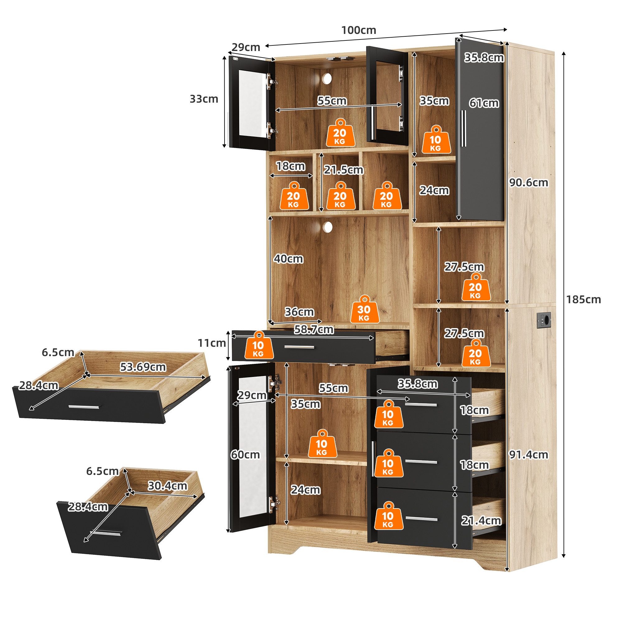 Ulife Küchenbuffet Küchenregal Bauernhaus-Stil 185x100x40 cm, mit Steckdose & LED (1-St) Vitrinenschrank, verstellbare Regale, farbwechselnde LEDs.