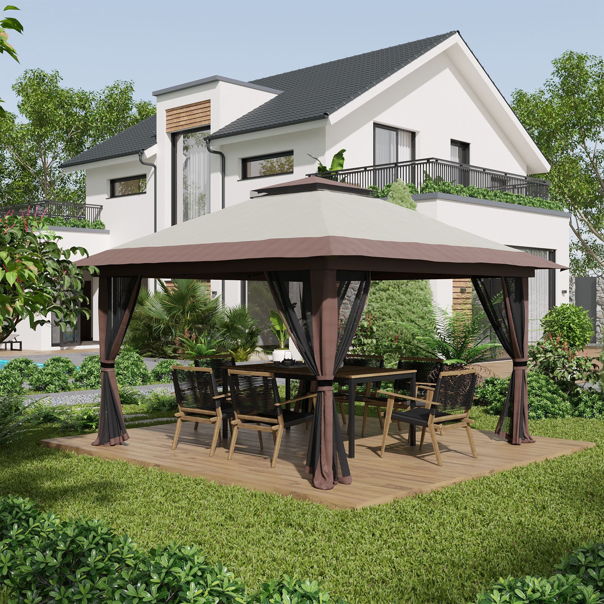 Outsunny Faltpavillon Pavillon 4x4m Stabil Winterfest Pop-up Gartenpavillon, mit 4 Seitenteilen, (Bierzelt, Partyzelt), für Garten, Balkon, Beige