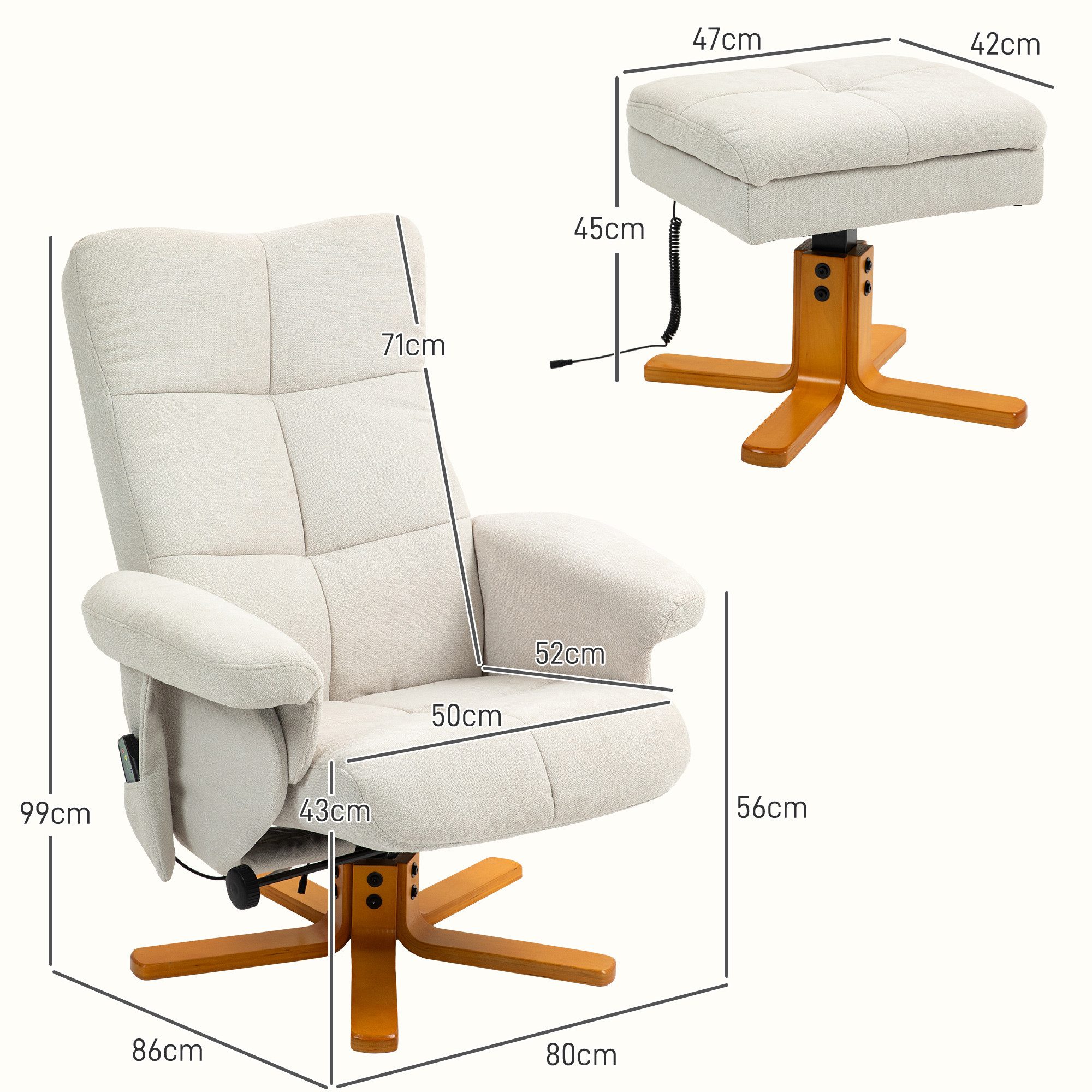 HOMCOM Massagesessel mit Hocker, Seitentasche, Stauraum, Liegefunktion 360° drehbar (Relaxsessel, 1-St., Fernsehsessel), Kunstleder 80 x 86 x 99cm Cremeweiß