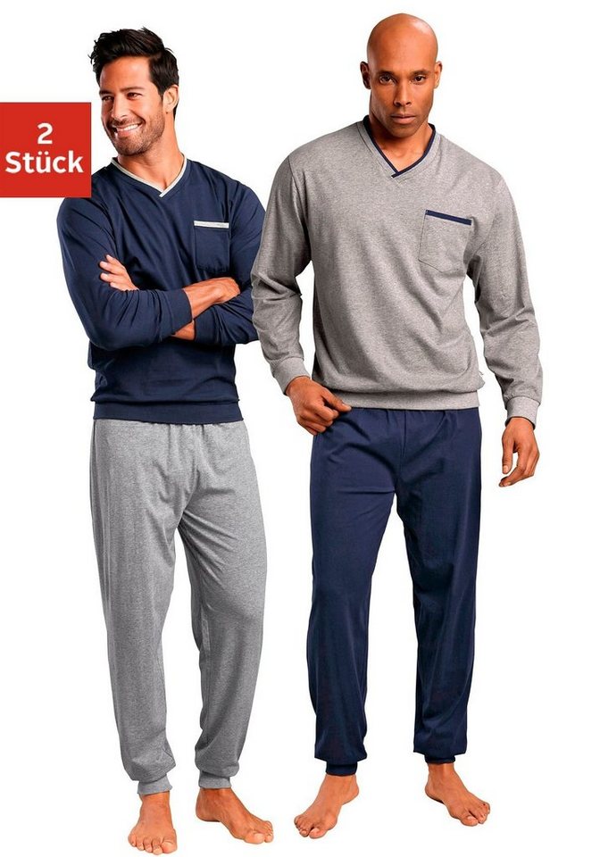 le jogger® Pyjama (Packung, 4 tlg., 2 Stück) in langer Form, V-Ausschnitt  und Brusttasche mit Kontrastpiping