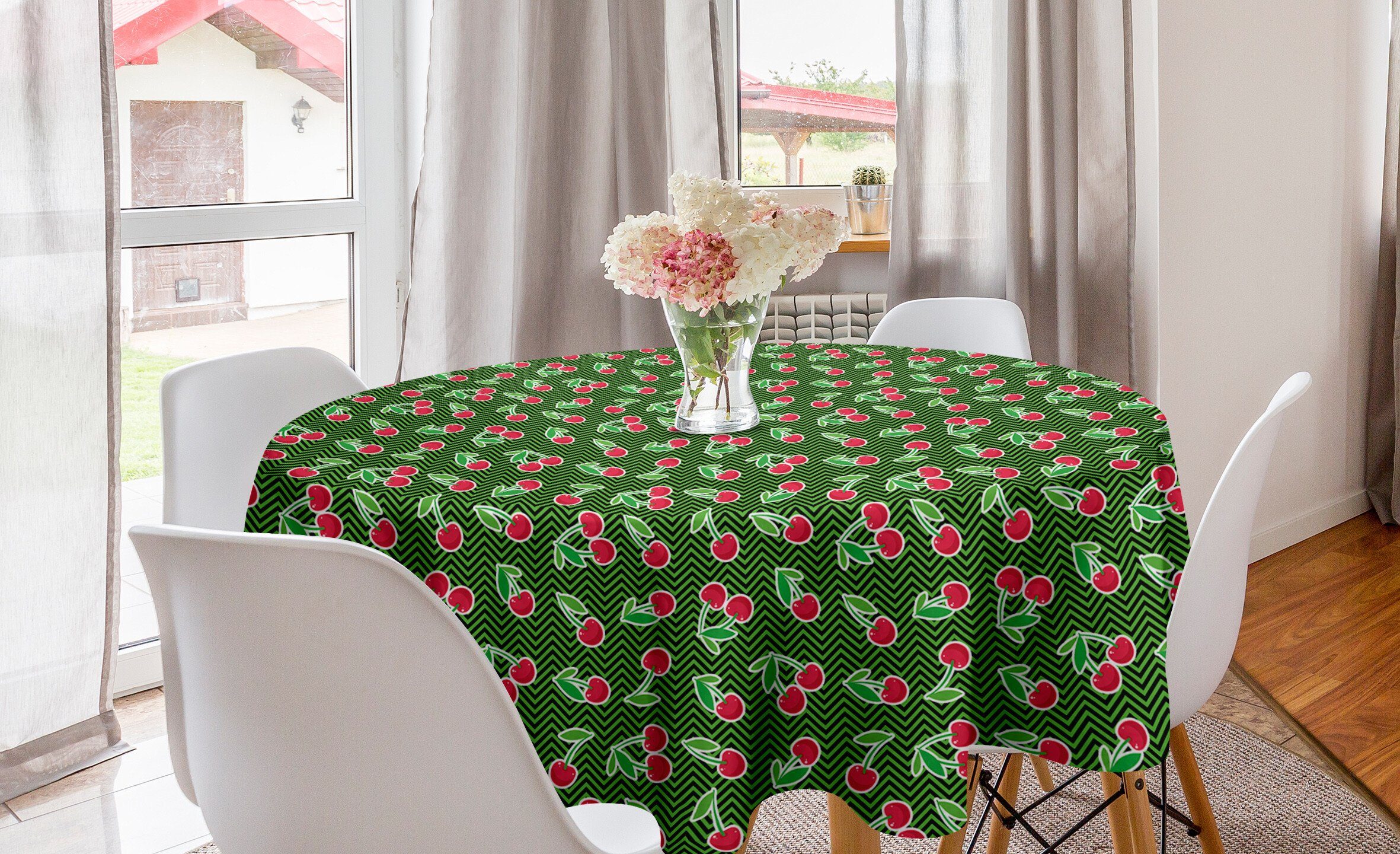 Abakuhaus Tischdecke Kreis Tischdecke Abdeckung für Esszimmer Küche Dekoration, Kirsche Frische Früchte auf Zick-Zack-Art