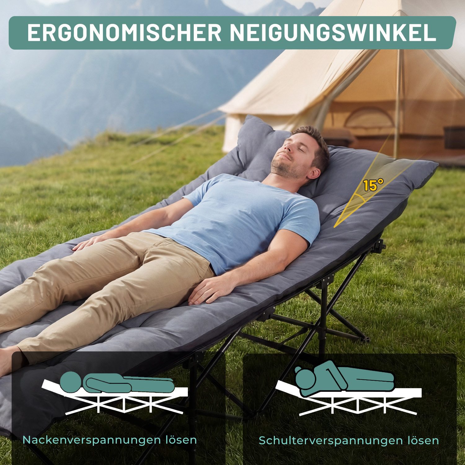 kehot Klappbett Campingbett Feldbett Klappbar 188x64x49 cm, mit 4 cm Polsterauflage (Faltbare Relaxliege aus Oxford-Gewebe,stabilem Stahlgeerüst,Tragetasche, Ve – Bild 4 von 5