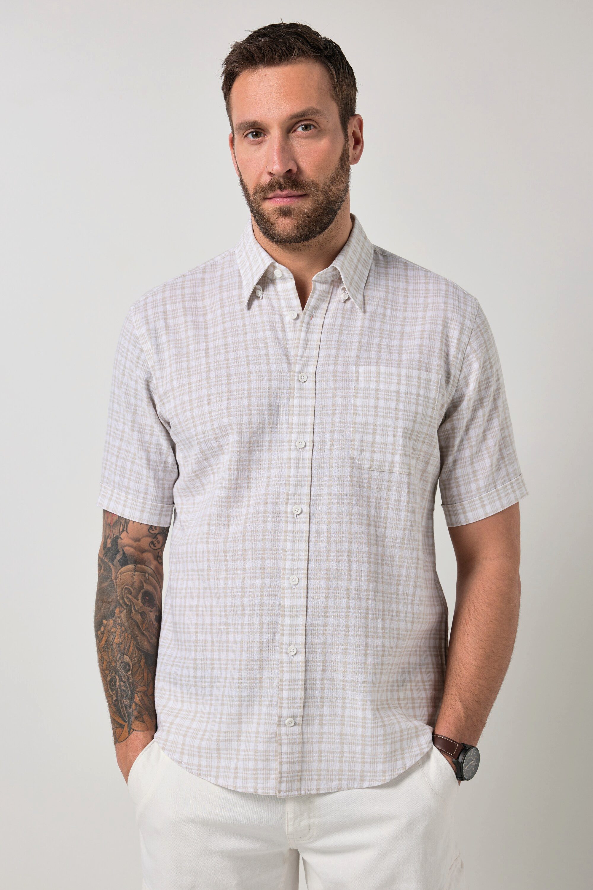 Kurzarmhemd Leinenmix-Karohemd Halbarm Modern Fit bis 8 XL