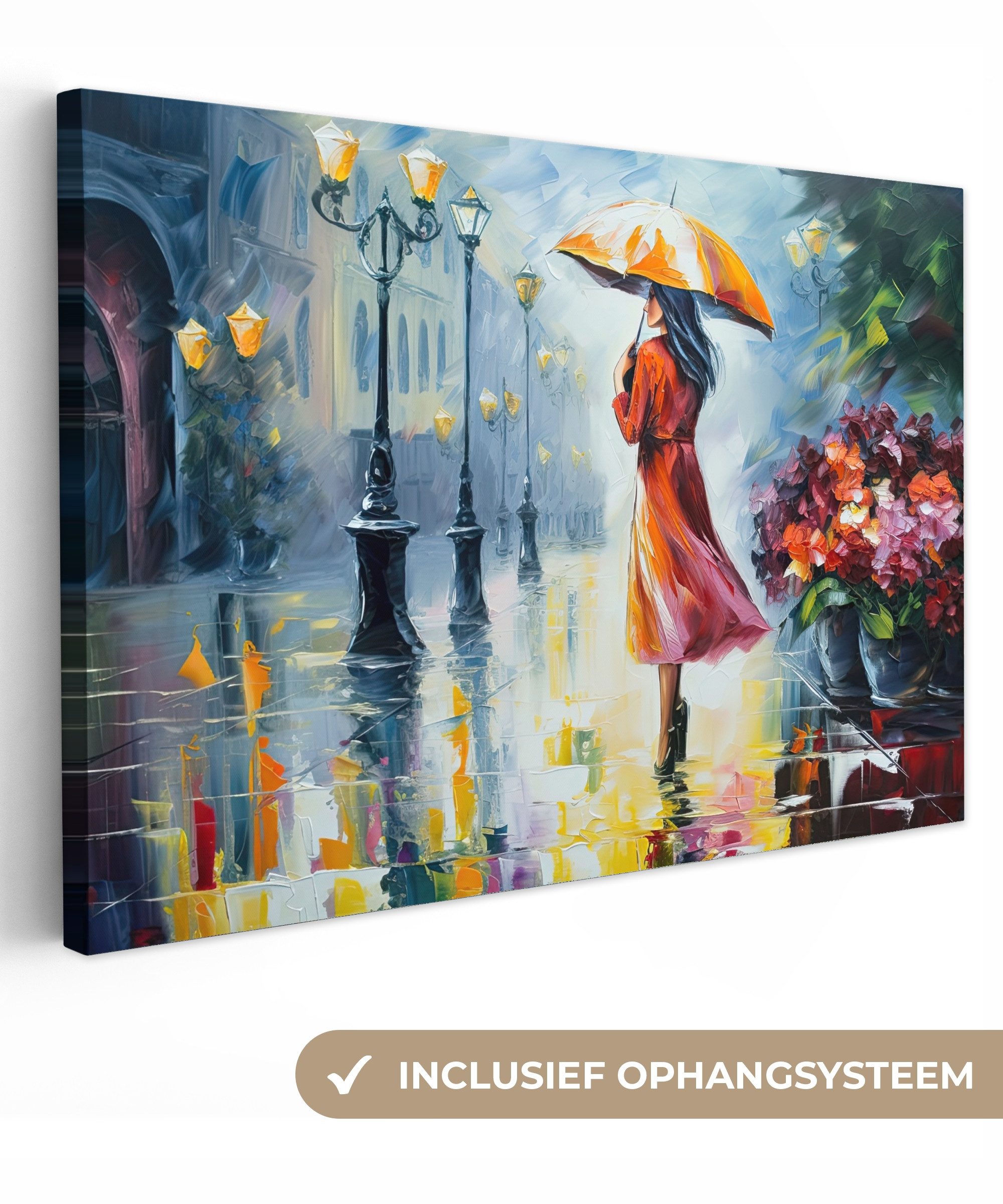 OneMillionCanvasses® Leinwandbild Ölfarbenoptik - Regenschirm - Frau - Straße - Kunst, Fotodruck (1 St), Leinwand Bilder Klein, Wand Dekoration Aesthetic 30x20 cm