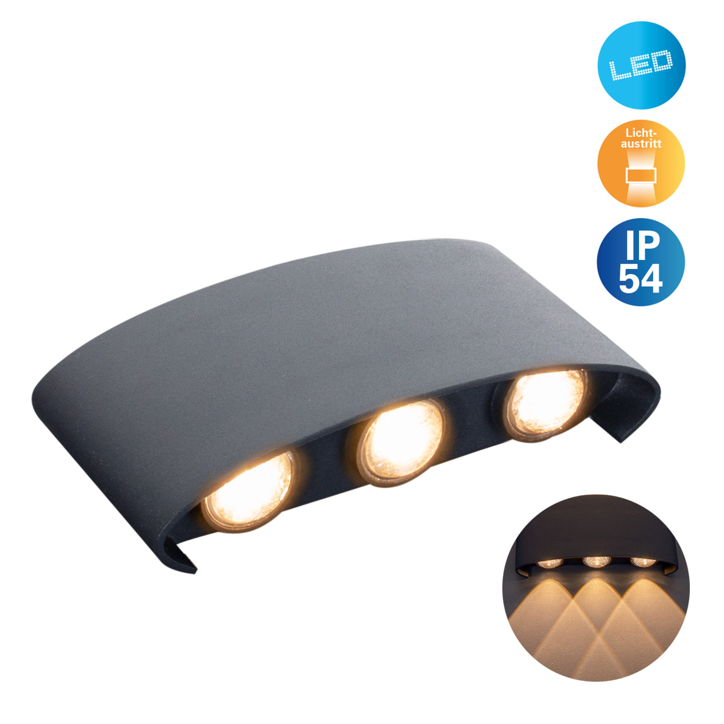 näve LED Außen-Wandleuchte Auron, LED fest integriert, Warmweiß, anthrazit, geschwungene Form, Lichtaustritt nach oben und unten, IP54