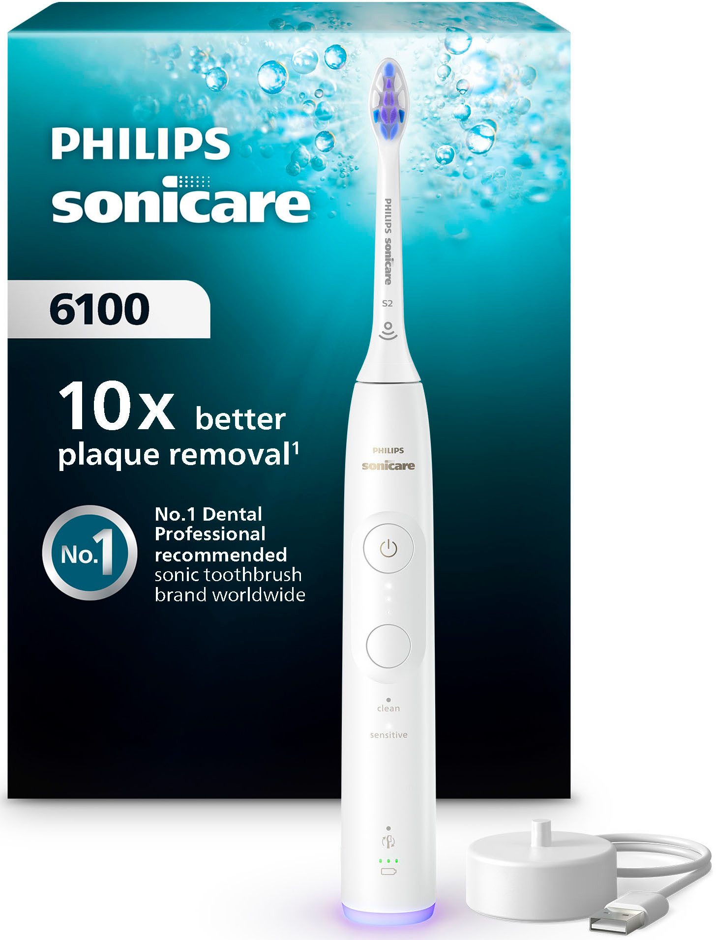 Philips Sonicare Elektrische Zahnbürste Series 6100 HX7400/01, Aufsteckbürsten: 1 St., mit visueller Andruckkontrolle, 5 Putzeinstellungen, inkl. Ladegerät