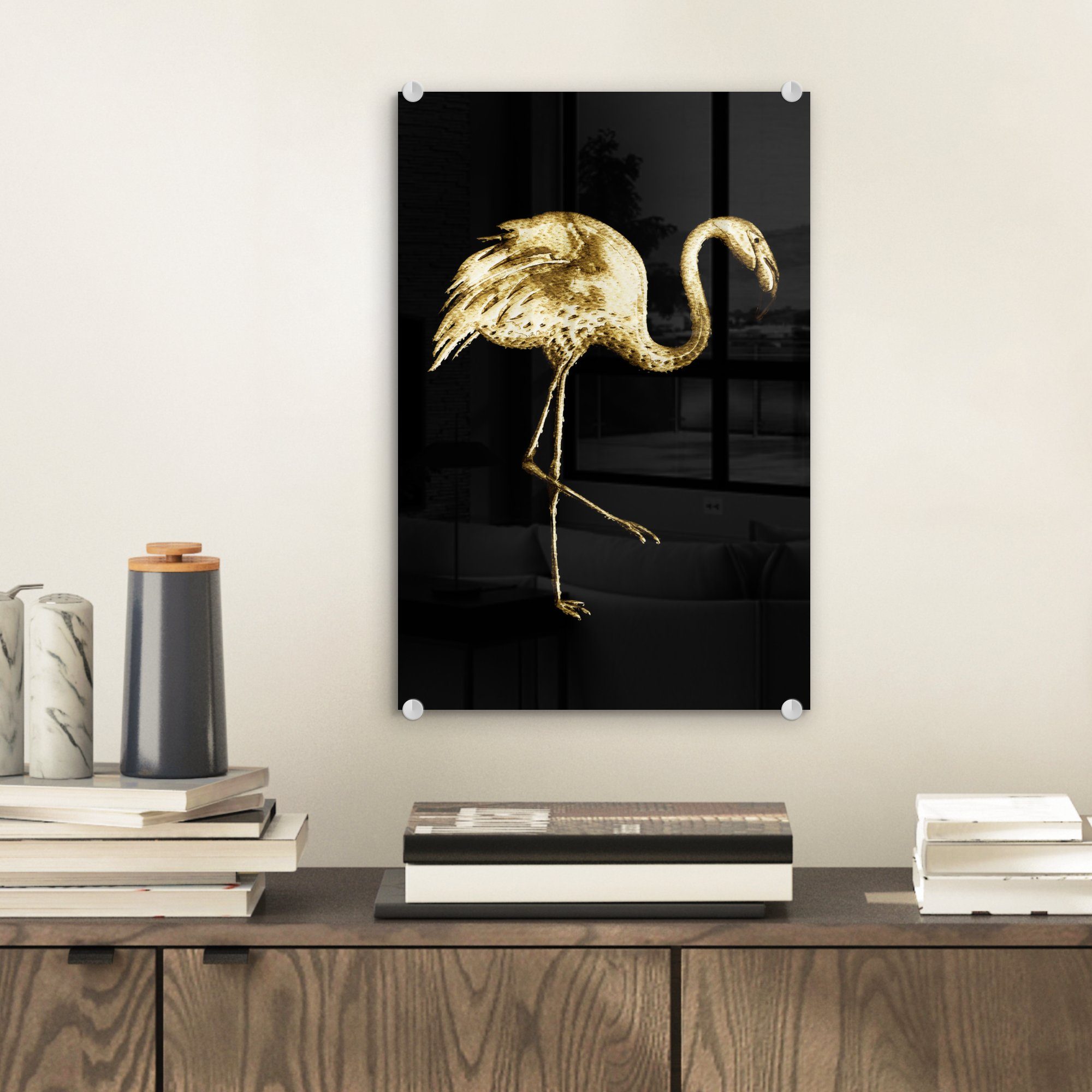 MuchoWow Acrylglasbild Gold - Flamingo - auf auf (1 - bunt Wanddekoration Schwarz, St), - Glas Glasbilder Foto Glas Bilder Wandbild 