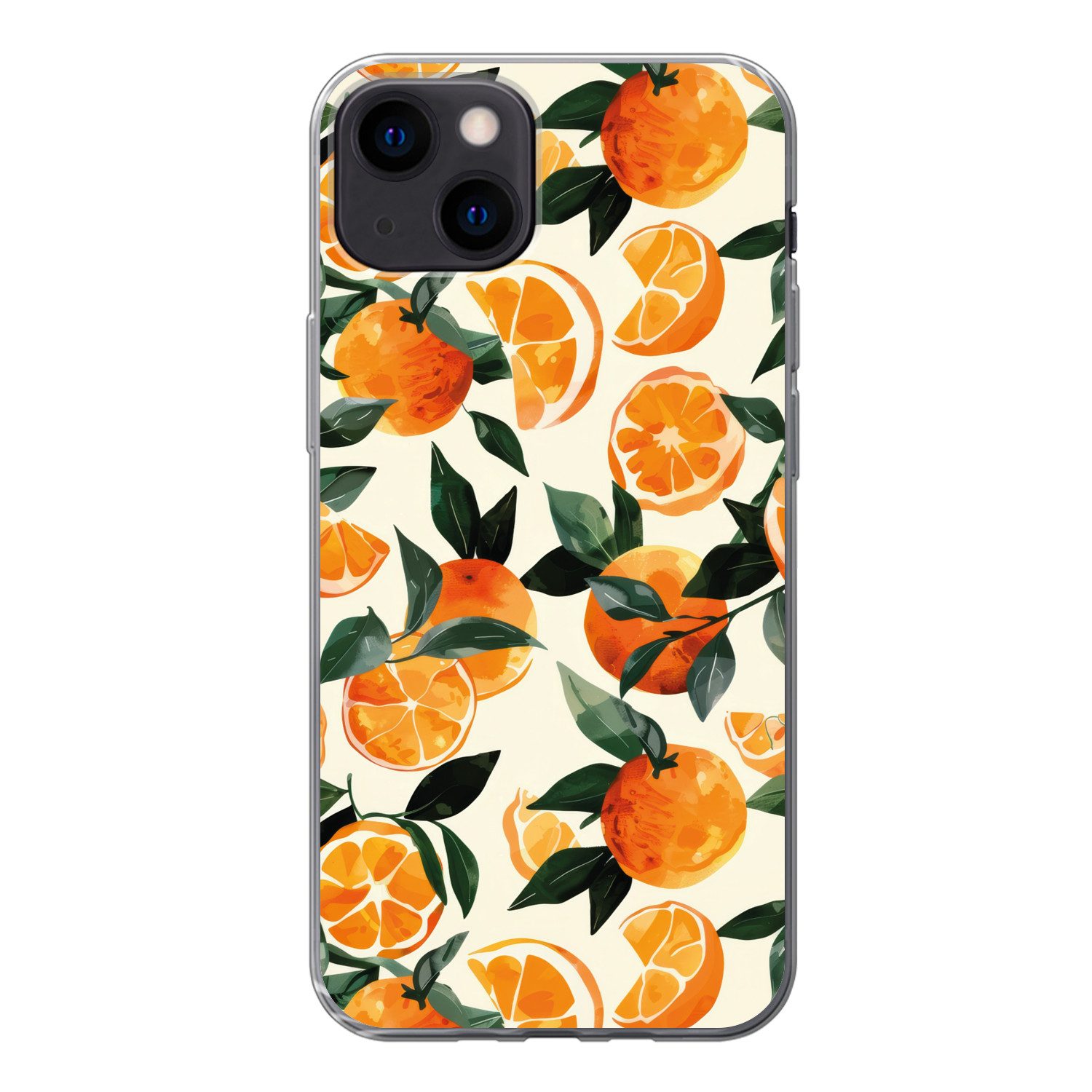 MuchoWow Handyhülle für Apple iPhone 13 Orangen - Früchte - Blätter - Orange - Grün - Beig, Smartphone-Bumper, Print, Handy Schutzhülle Dünn