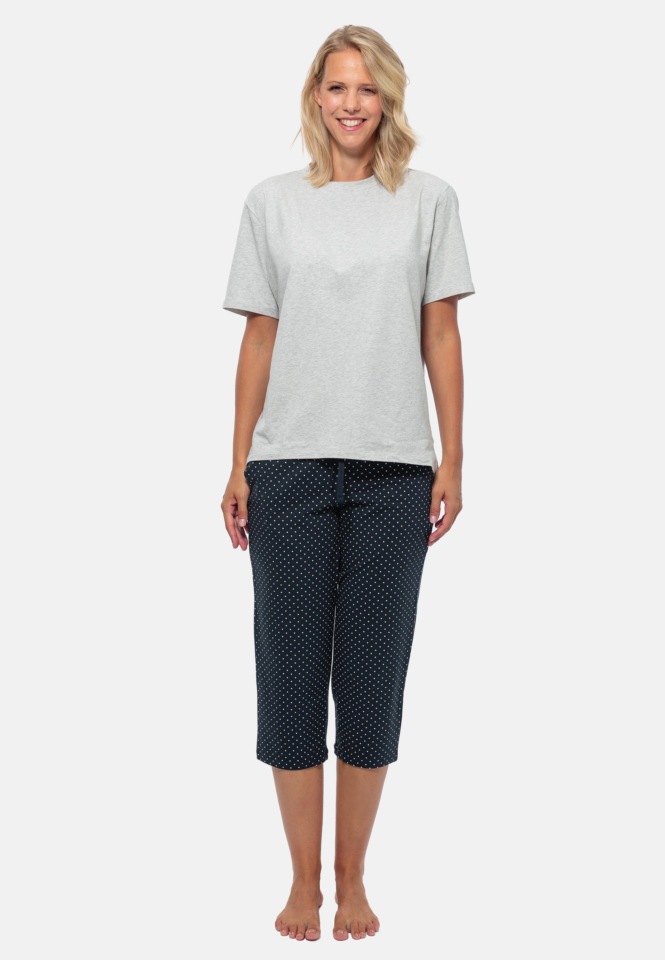 Cotton Schlafanzug / Schiesser 2 tlg) - Organic Pyjama Grau Baumwolle (Set, gepunktet Blau -