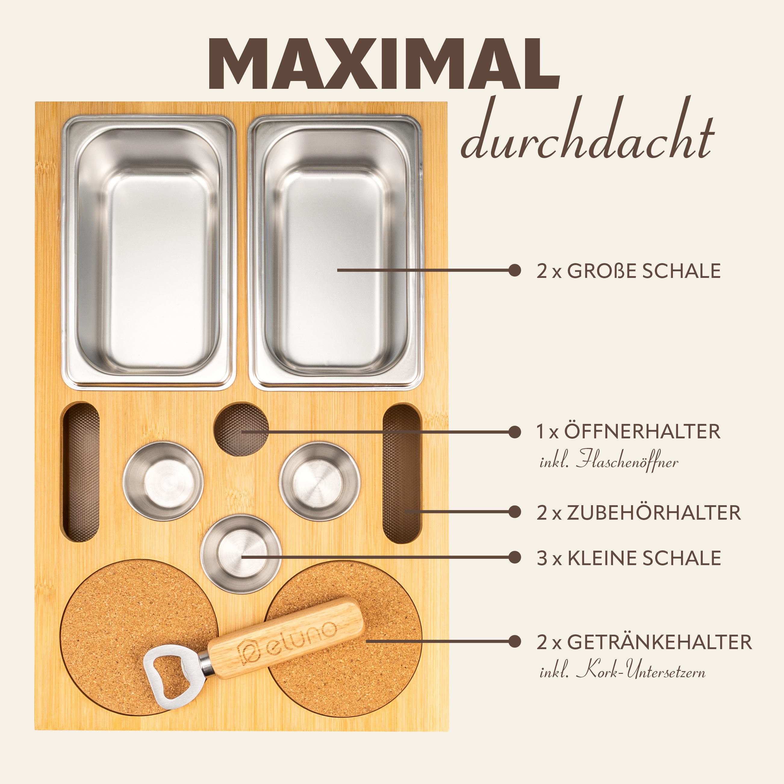 eluno Snackschale Couchbar mit abnehmbarem Deckel aus Bambus
