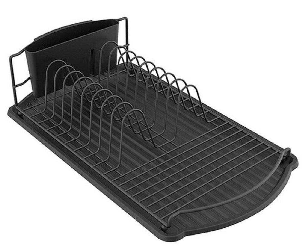 MSV Geschirrständer Geschirrabtropfgestell mit Platte, Abtropfgitter für Teller, Gläser & Besteck, seitlicher Besteckkorb mit 3 Fächern, mit Tropfschale, beschichteter Stahl, ca. 47,5x26,5x11 cm