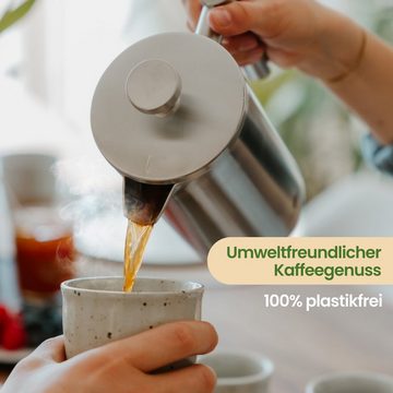 GRØNENBERG French Press Kanne Edelstahl Kaffeebereiter mit Thermo Effekt, 0.6l Kaffeekanne, Kaffeepresse inkl. 3 Ersatz-Filter