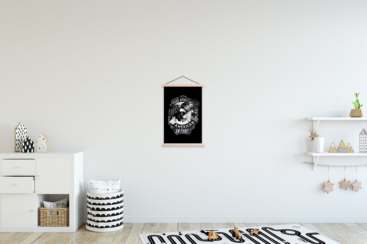 MuchoWow Poster Adler - Flagge - Retro - Schwarz - Weiß, (1 St), Posterleiste, Textilposter für Wohnzimmer, Bilderleiste, Magnetisch