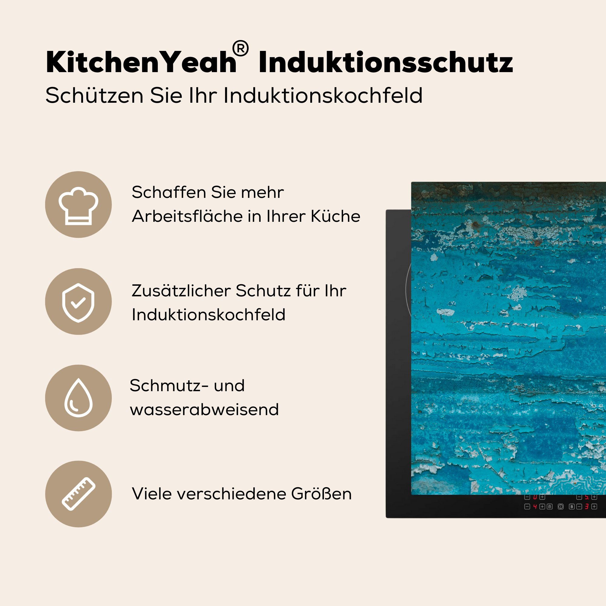 Weiß (1 - Herdblende-/Abdeckplatte küche Ceranfeldabdeckung, Blau, MuchoWow Rost - cm, Vinyl, tlg), für 78x78 Arbeitsplatte
