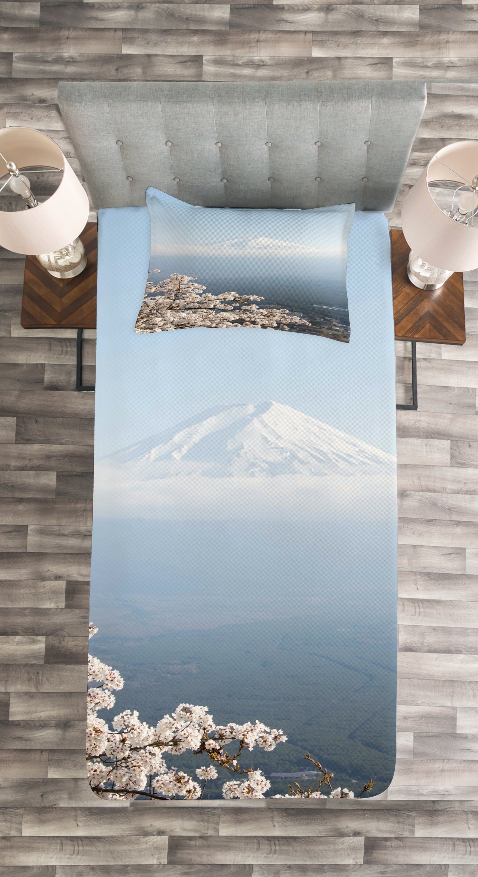 Luftlandschaftslandschaft Fuji Tagesdecke Waschbar, Kissenbezügen Berg Abakuhaus, Set mit