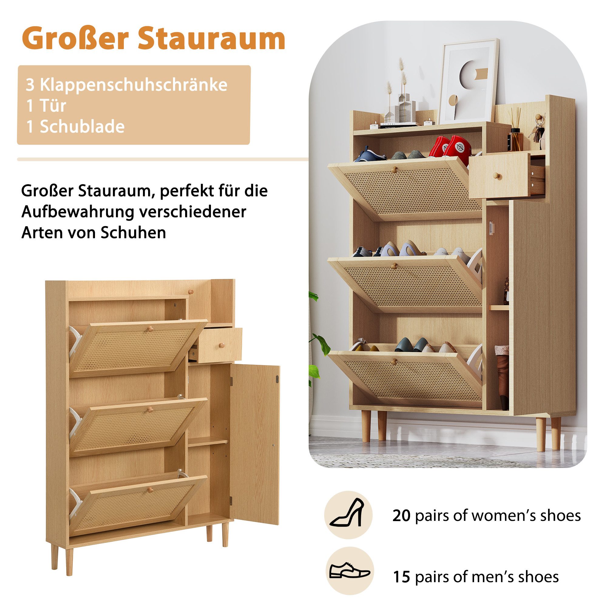 Merax Schuhschrank mit Rattandekor mit 3 Klappen, Tür und Schublade,Sideboard,Schuhkipper – Bild 3 von 5