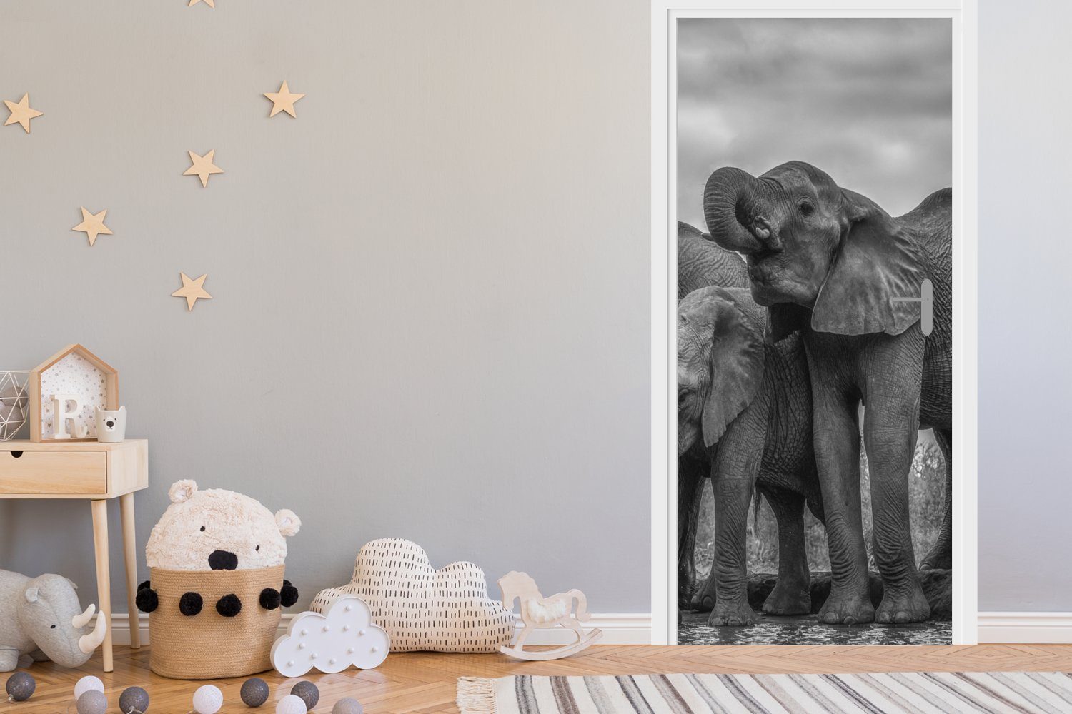 MuchoWow Türtapete Elefant für Fototapete cm Türaufkleber, Wasser Tür, - Tiere - - Schwarz und bedruckt, (1 St), weiß, Matt, 75x205