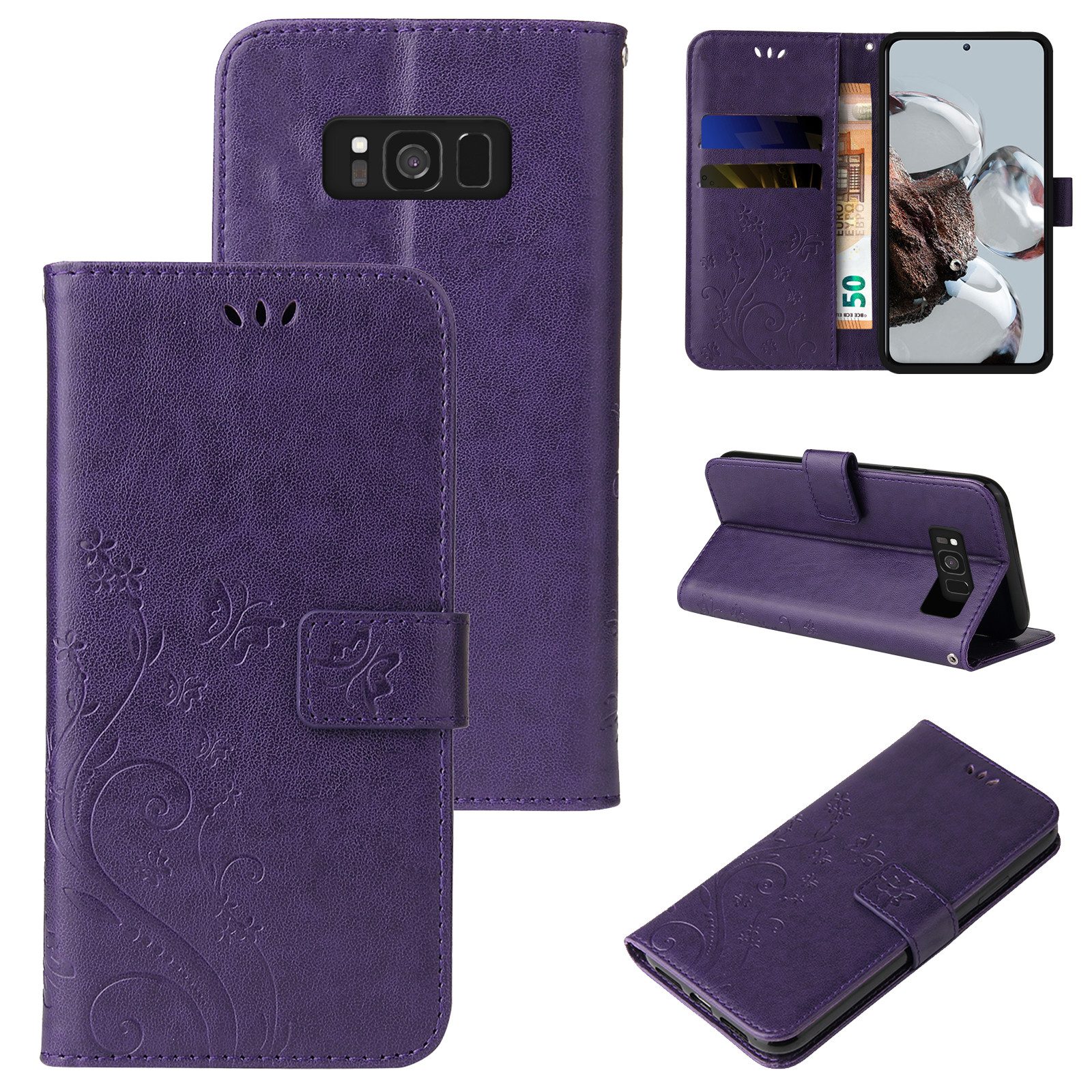 Tec-Expert Handyhülle Cover Tasche Hülle für Samsung Galaxy S8 5,8 Zoll, Klapphülle Case mit Kartenfach Fliphülle aufstellbar, Motiv Blumen