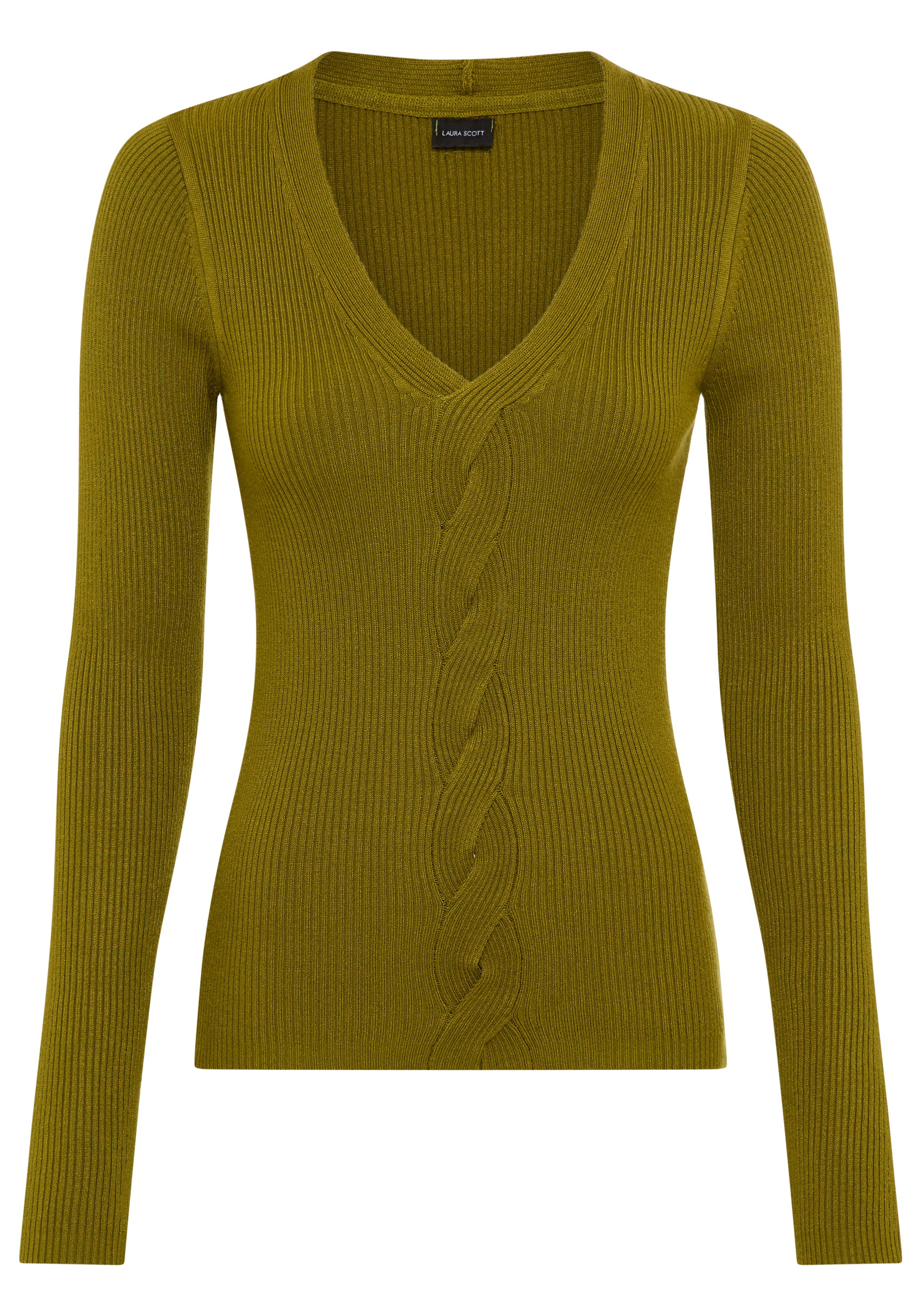 Laura Scott V-Ausschnitt-Pullover Feinstrickpullover mit spannendem Zopfmuster