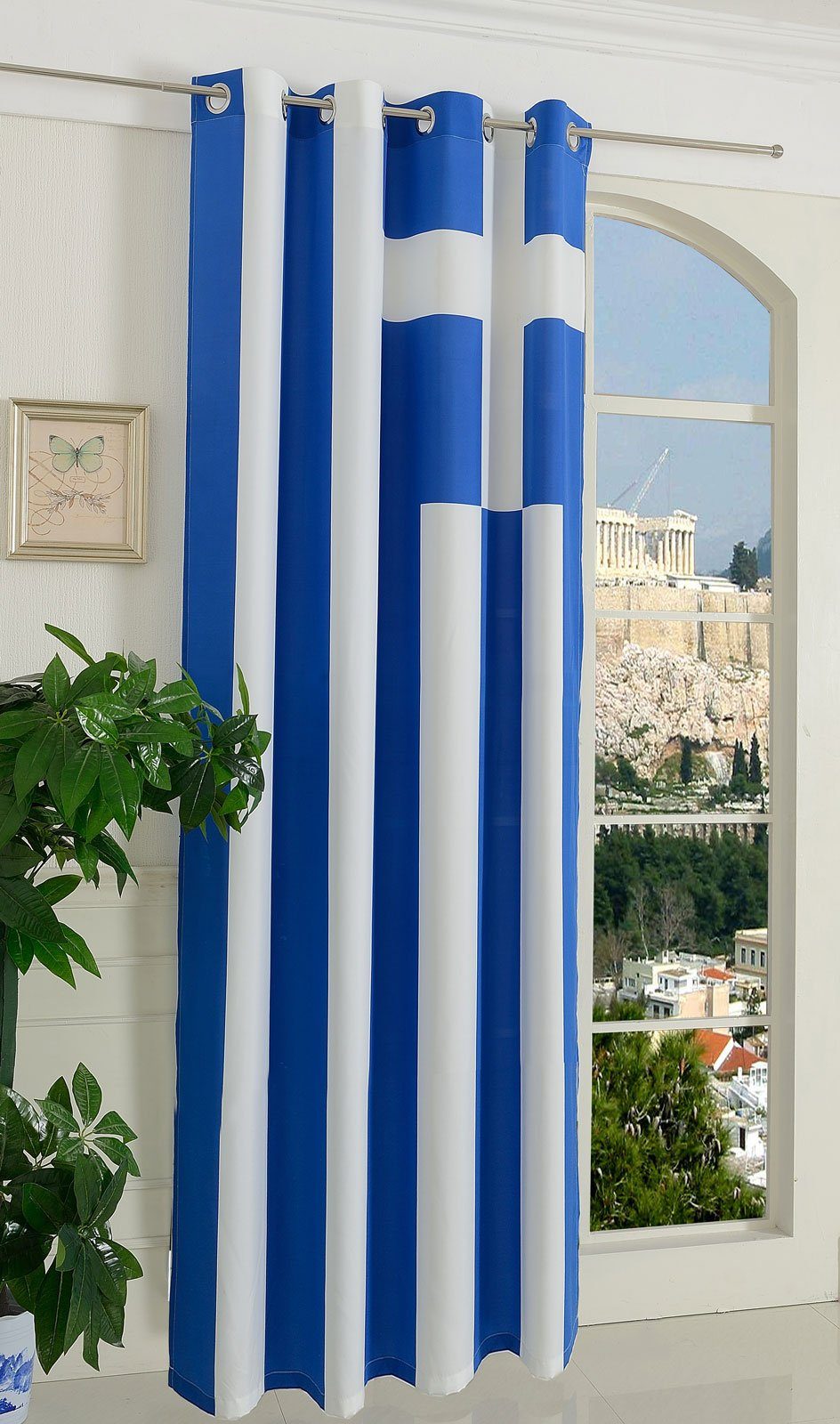 Gardine, Gardinenbox, Ösen (1 St), blickdicht, Flagge HxB 245x140 cm Fußball Fan Flag Banner Landesfarben Griechenland