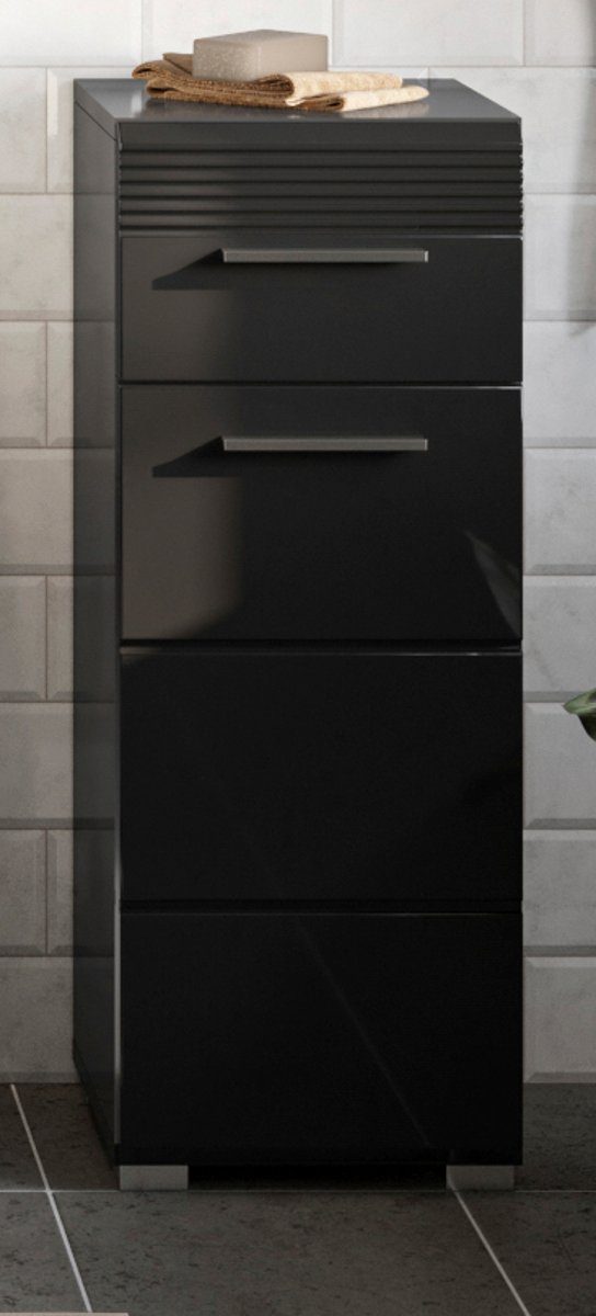 Inn.Furn Unterschrank Leon (Bad Kommode in Schwarz Hochglanz, 30 x 79 cm) mit Vollauszug-Schubkasten