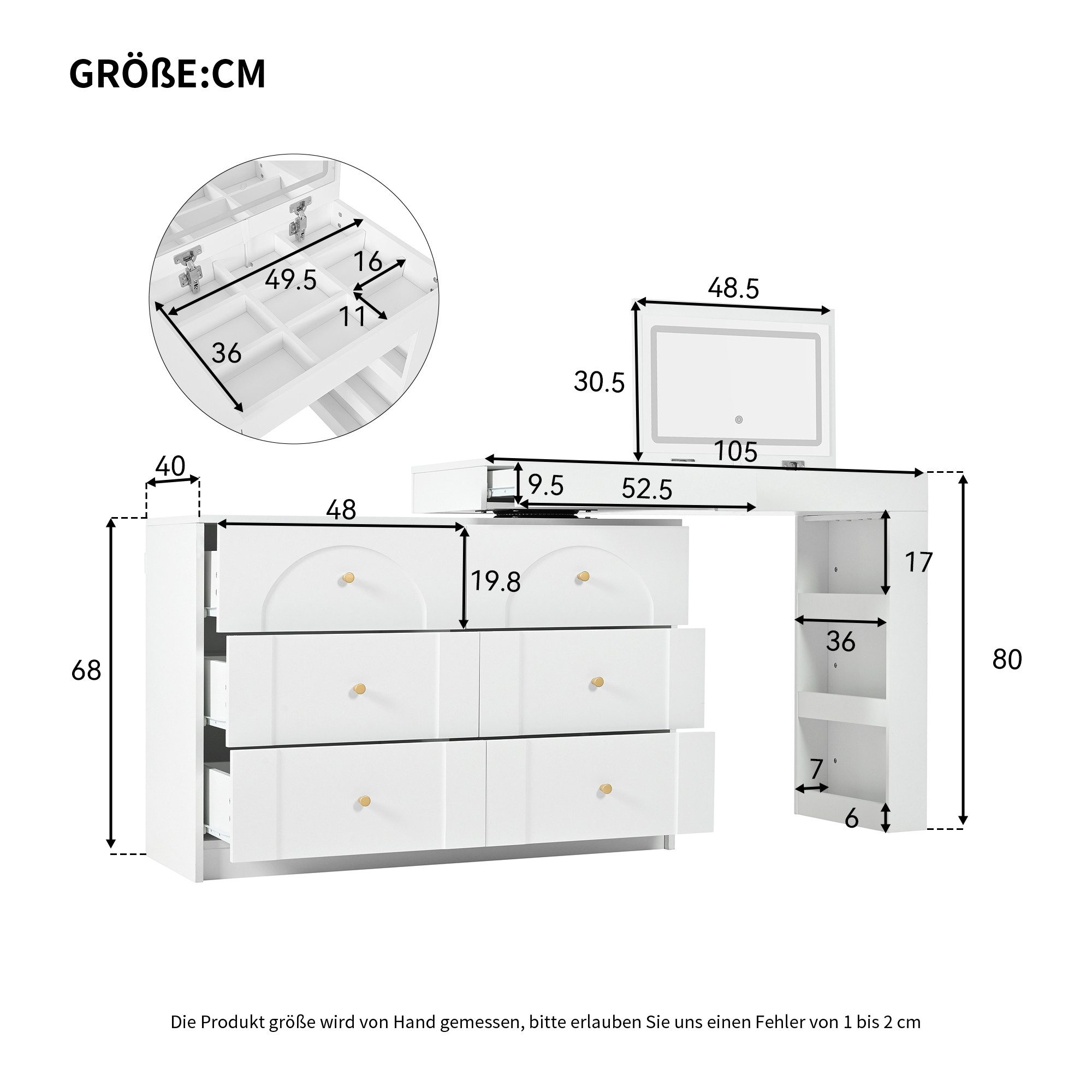 Flieks Schminktisch, Schminkkommode 105x40x80cm mit drehbarem Beistelltisch und LED Spiegel