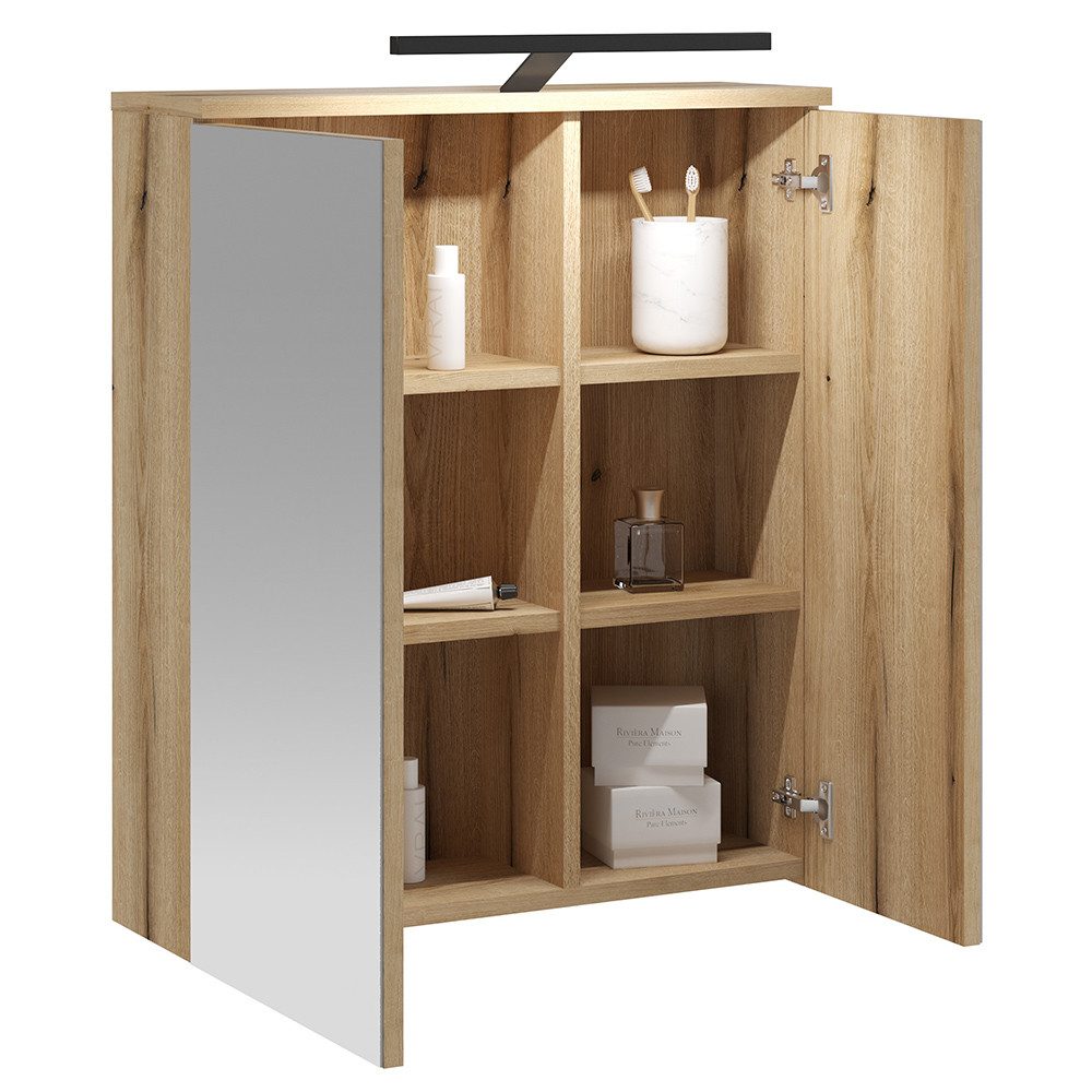Lomadox Spiegelschrank OLEAN-61 Eiche Dekor 2-türig 60 cm breit LED Beleuchtung schwarz