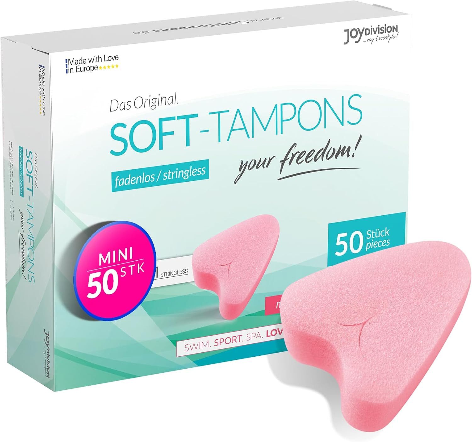 JOYDIVISION Tampons das Original, Soft Tampons, Fadenlose Freiheit, Mini Gr., 50-St., ohne Rückholfaden für Alltag, Sport und Spa