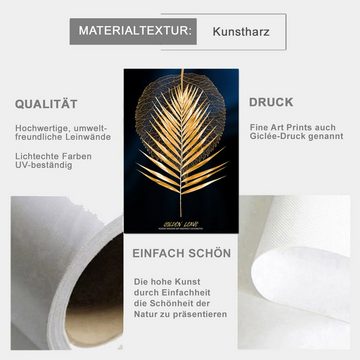 TPFLiving Kunstdruck (OHNE RAHMEN) Poster - Leinwand - Wandbild, Goldene Blätter auf blauem Hintergrund - Wanddeko Wohnzimmer - (13 verschiedene Größen zur Auswahl - Auch im günstigen 3-er Set), Farben: Gold, Blau - Größe: 50x70cm