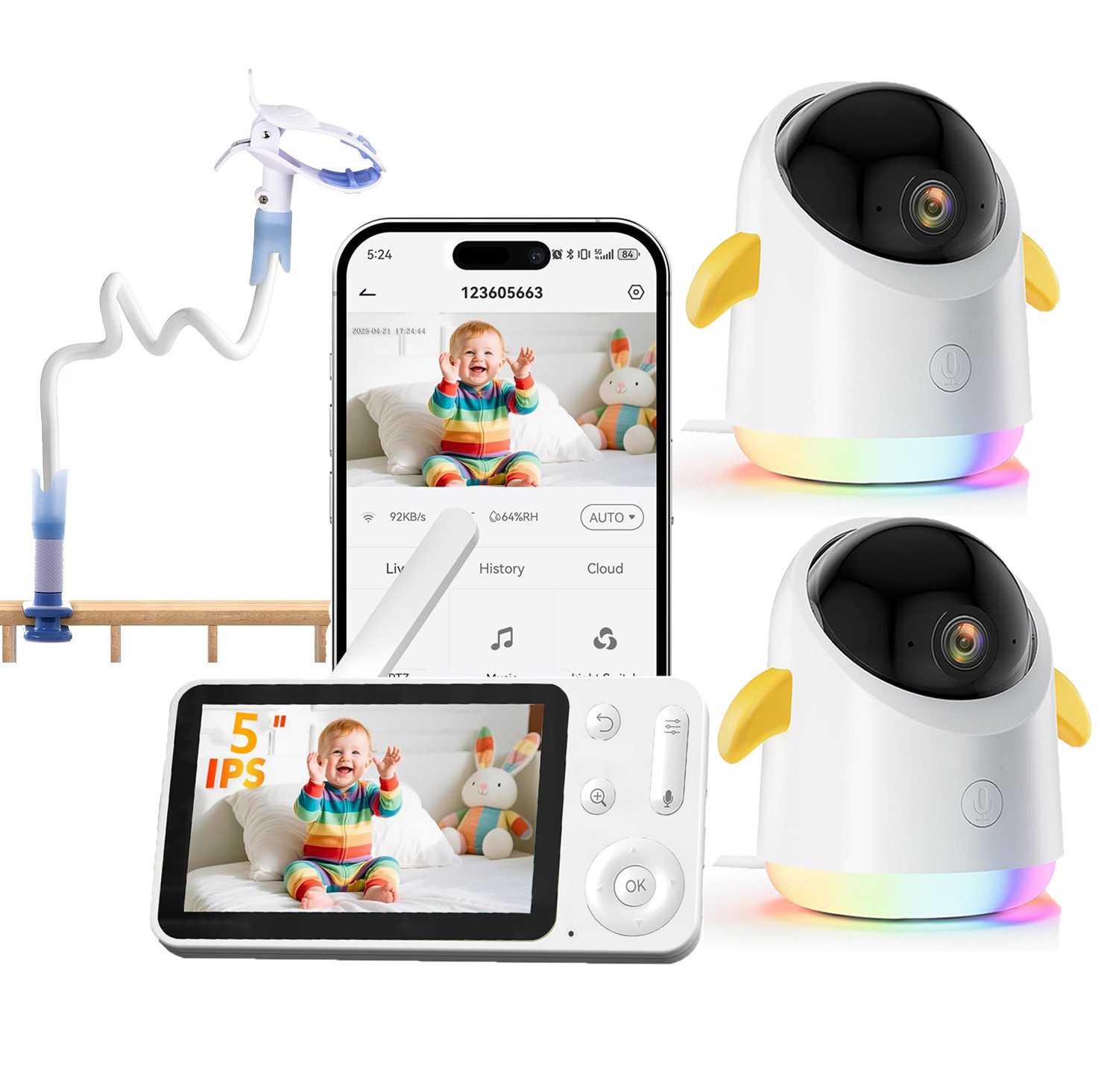 Video-Babyphone 2K/3MP Babyphone mit Kamera und App 5 Zoll WLAN Babyfon mit Halter