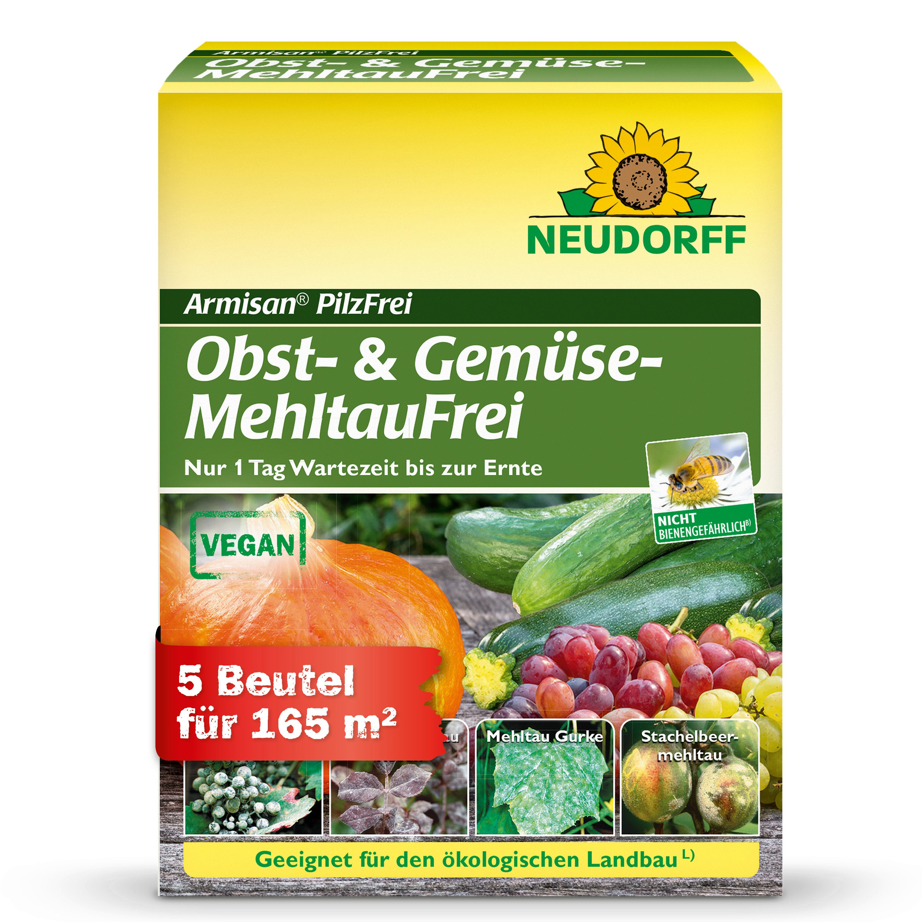 Neudorff Pflanzen-Pilzfrei Armisan PilzFrei Obst- & Gemüse-MehltauFrei 50g für 165m², 50 g, Wasserlösliches Fungizid für Obst, Gemüse und Zierpflanzen, 50 g in 5 Portionsbeuteln à 10 g, Nur 1 Tag Wartezeit bis zur Ernte bei Obst, Gemüse und Wein