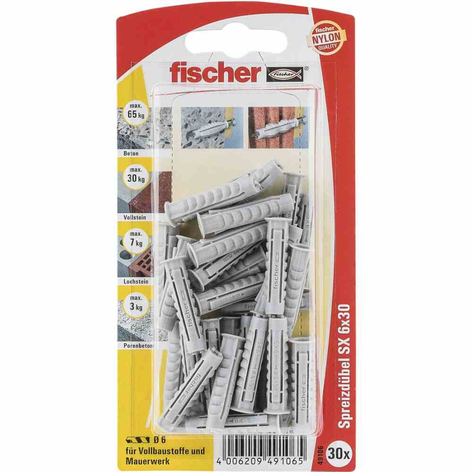 fischer Universaldübel SX 6 x 30 K Nylon Spreizdübel mit Rand, *** SB-Karte ***, 30 Stück, (30-tlg)
