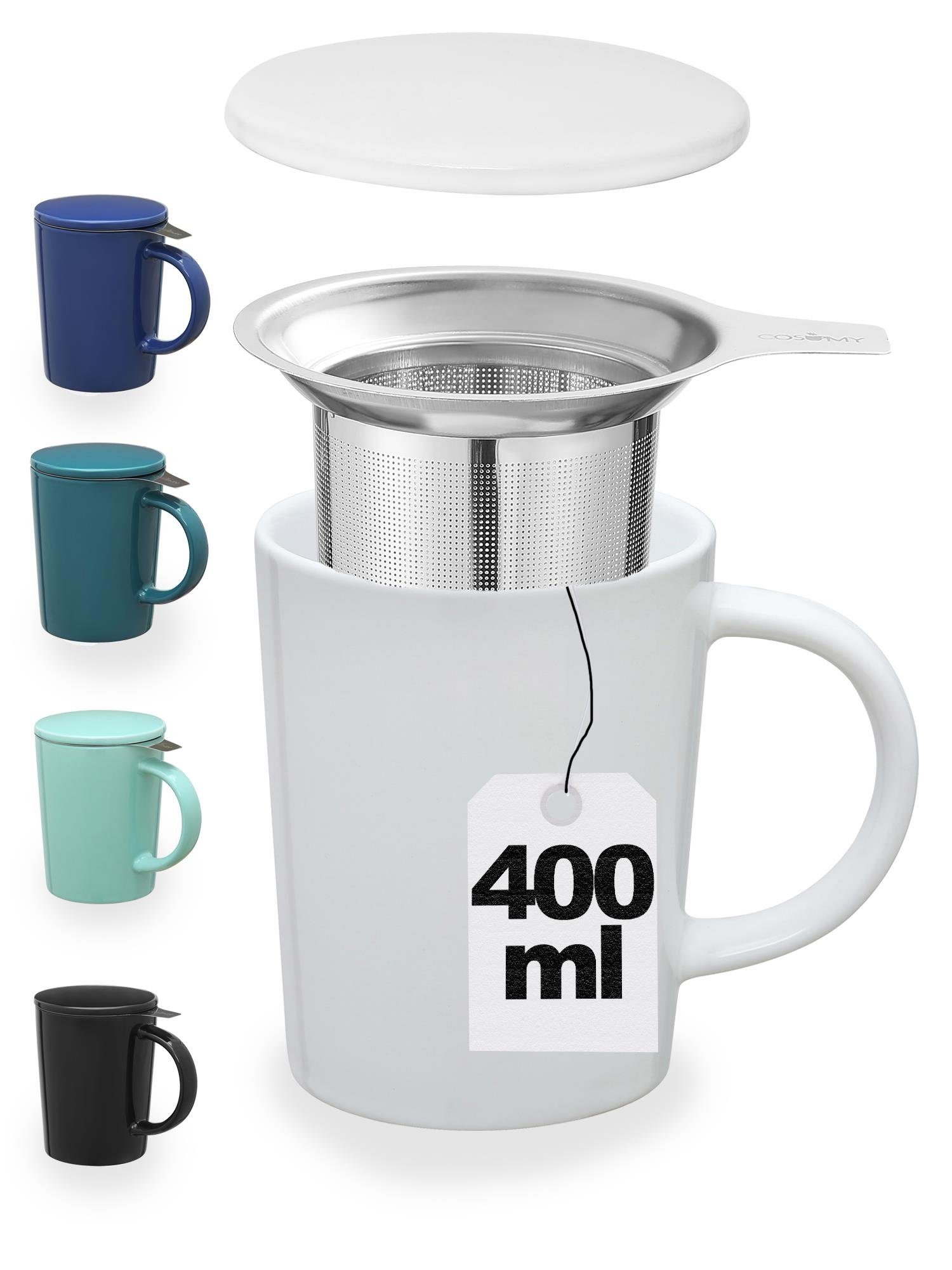 Cosumy Teeglas »Teetasse mit Sieb und Deckel Weiß 400ml«, Keramik, Hält  Lange warm - 400ml Groß - Spülmaschinenfest