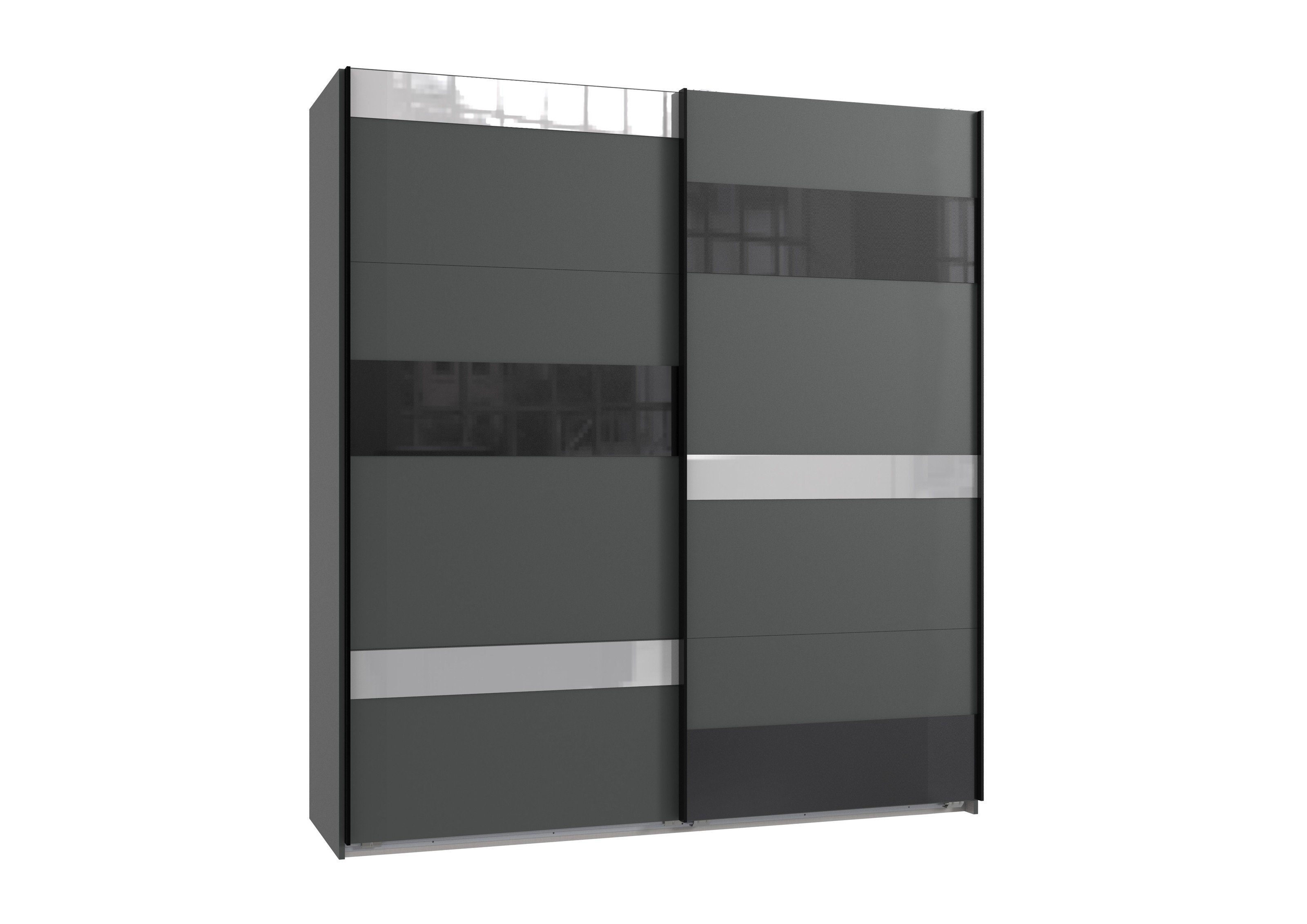 möbelando Schwebetürenschrank Monaco in GRAPHIT, GLAS SCHWARZ GLAS LIGHT  GREY mit 2 Türen und 2 Einlegeböden. Abmessungen (BxH) 180x210 cm