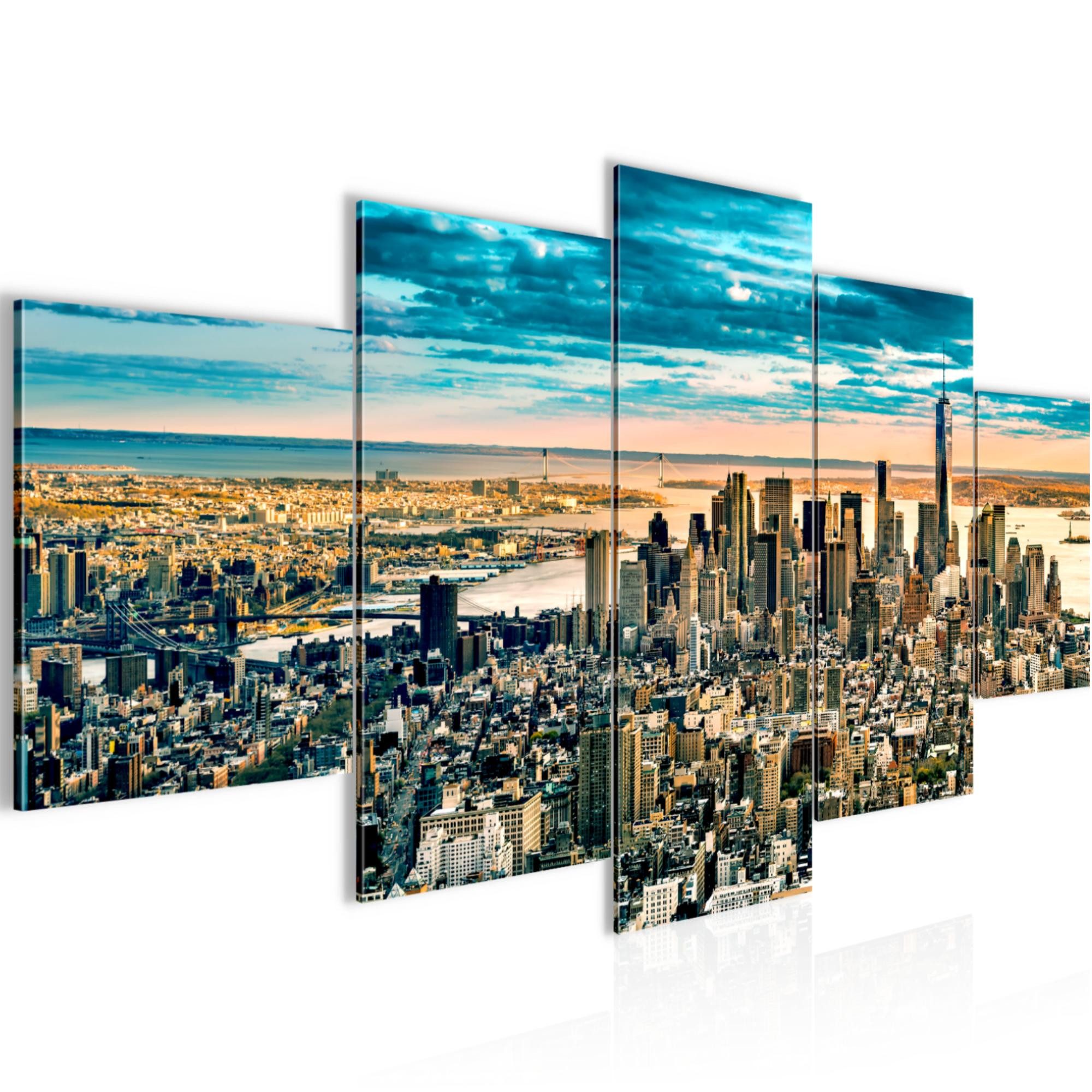 Runa Art Wandbild Bilder New York City 5 Teilig Wanddekoration Design Türkis 610051a, 200L x 100B cm