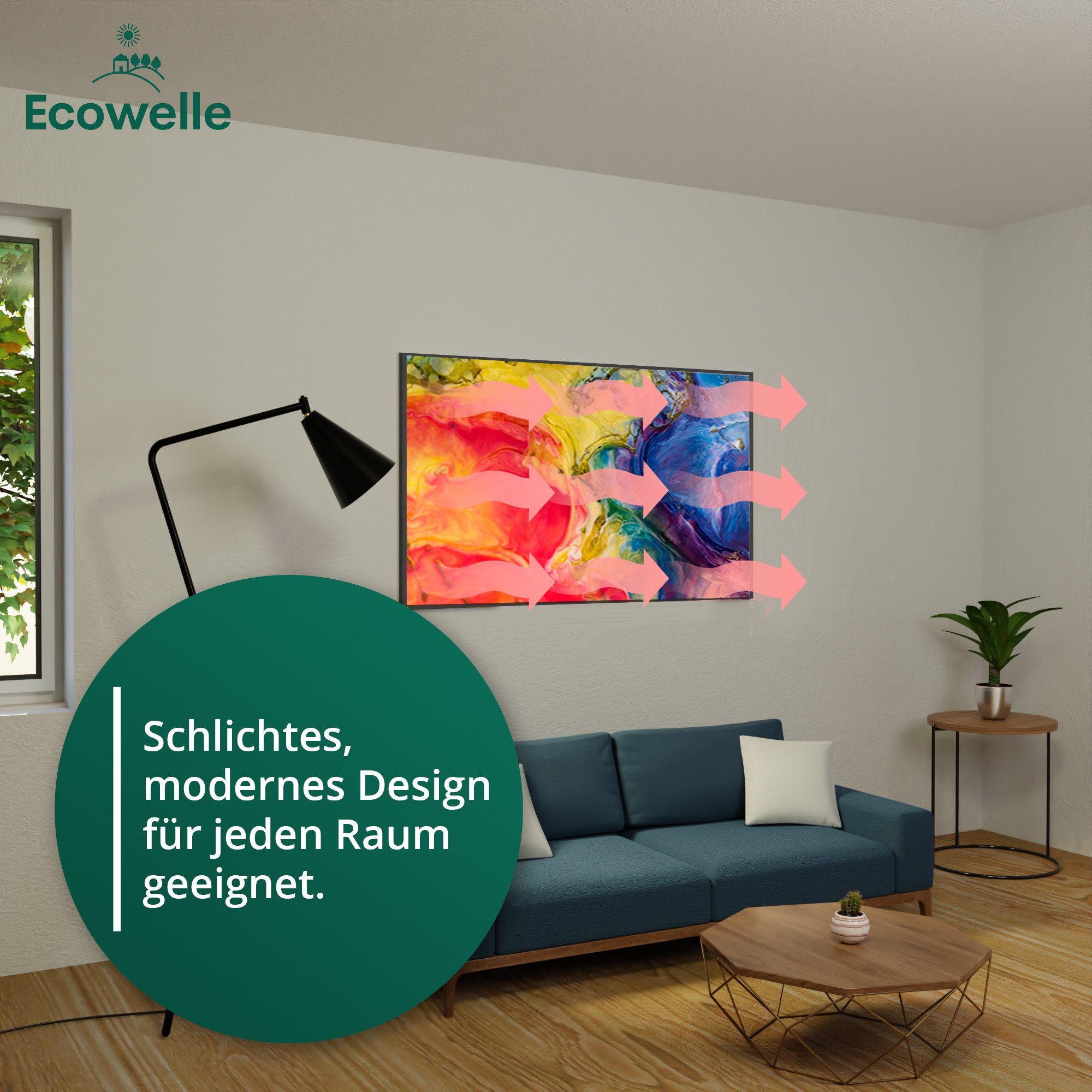 Ecowelle Infrarotheizung + Geprüft, Thermostat, App 350-1200 Wifi Elektroheizung Watt in Aluminium Rahmen Made TÜV Germany,
