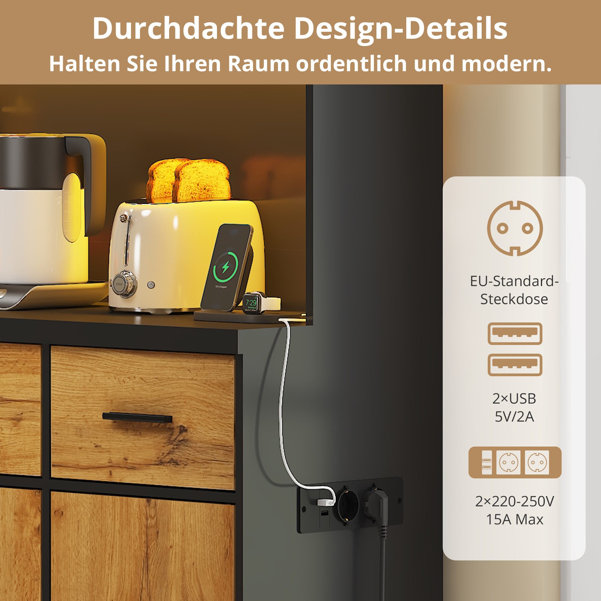 Flieks Küchenbuffet mit LED-Beleuchtung und Steckdosen (1-St., 100x40x180cm) Hochschrank Küchenschrank Geschirrschrank mit verstellbare Ablagen – Bild 5 von 5