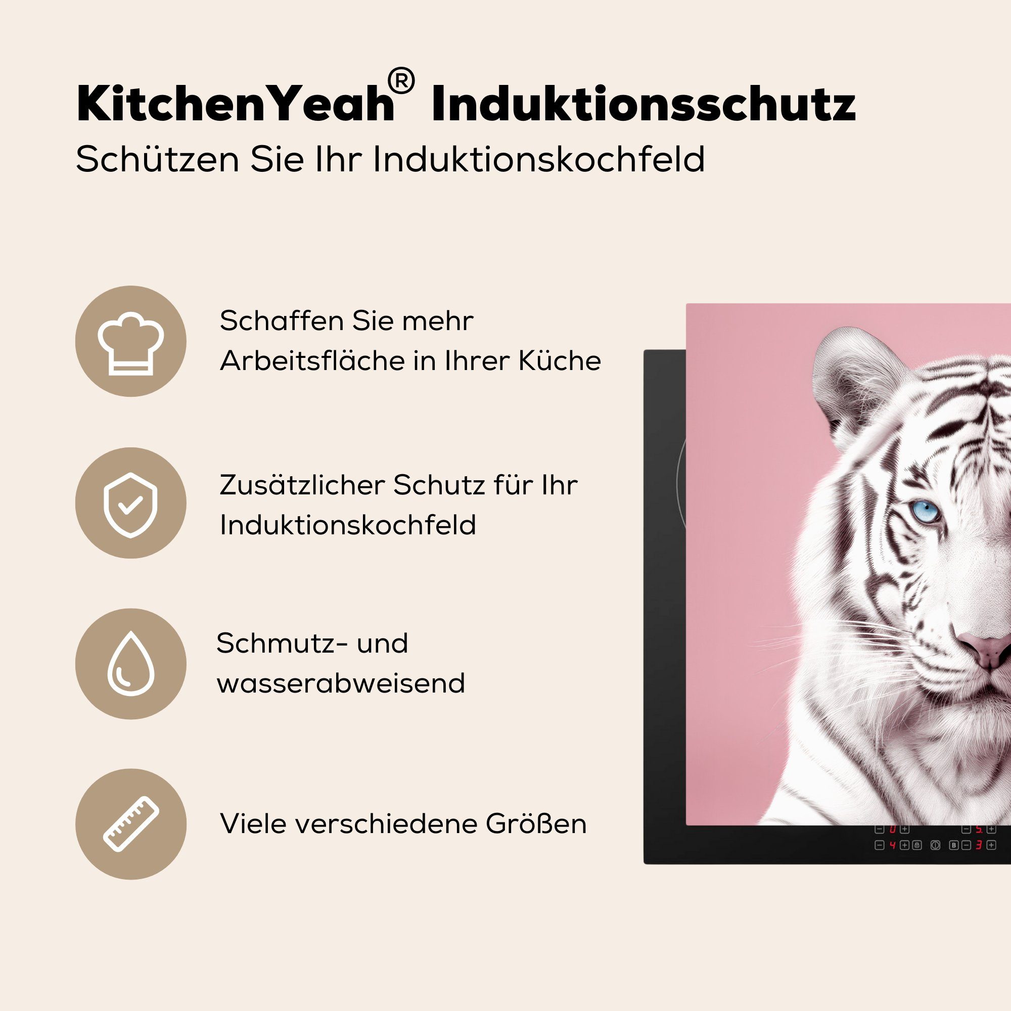 60x52 Herdblende-/Abdeckplatte Ceranfeldabdeckung nutzbar, Arbeitsfläche Tiere - Rosa MuchoWow Tiger (1 Albino - Vinyl, - Mobile cm, tlg), Porträt, -